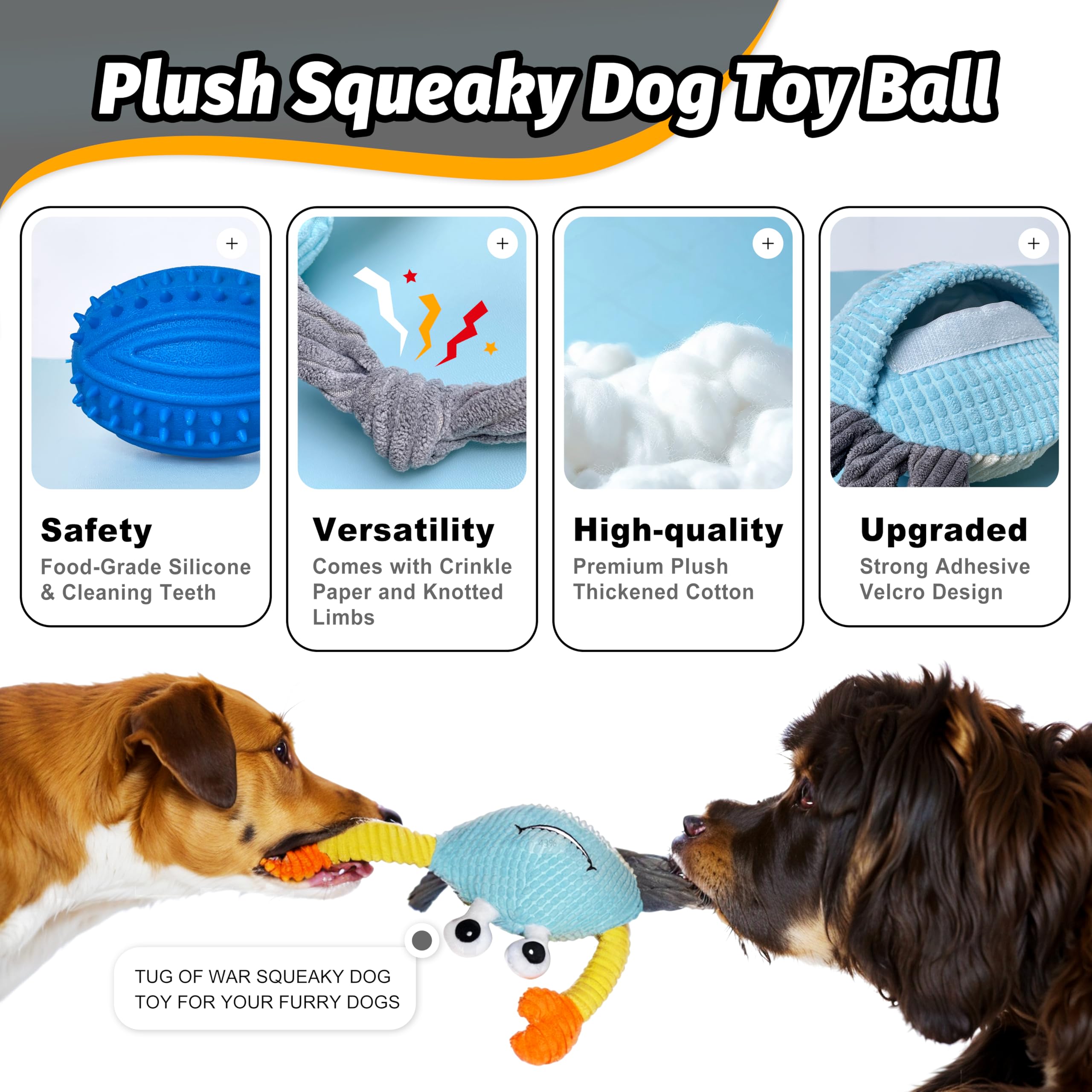 GUKCO Dog Toys for Aggressive Chewers - 3-in-1 Squeaky Interactive Toy, Medium Size, Cotton Material, Crab Color, Model SB-01