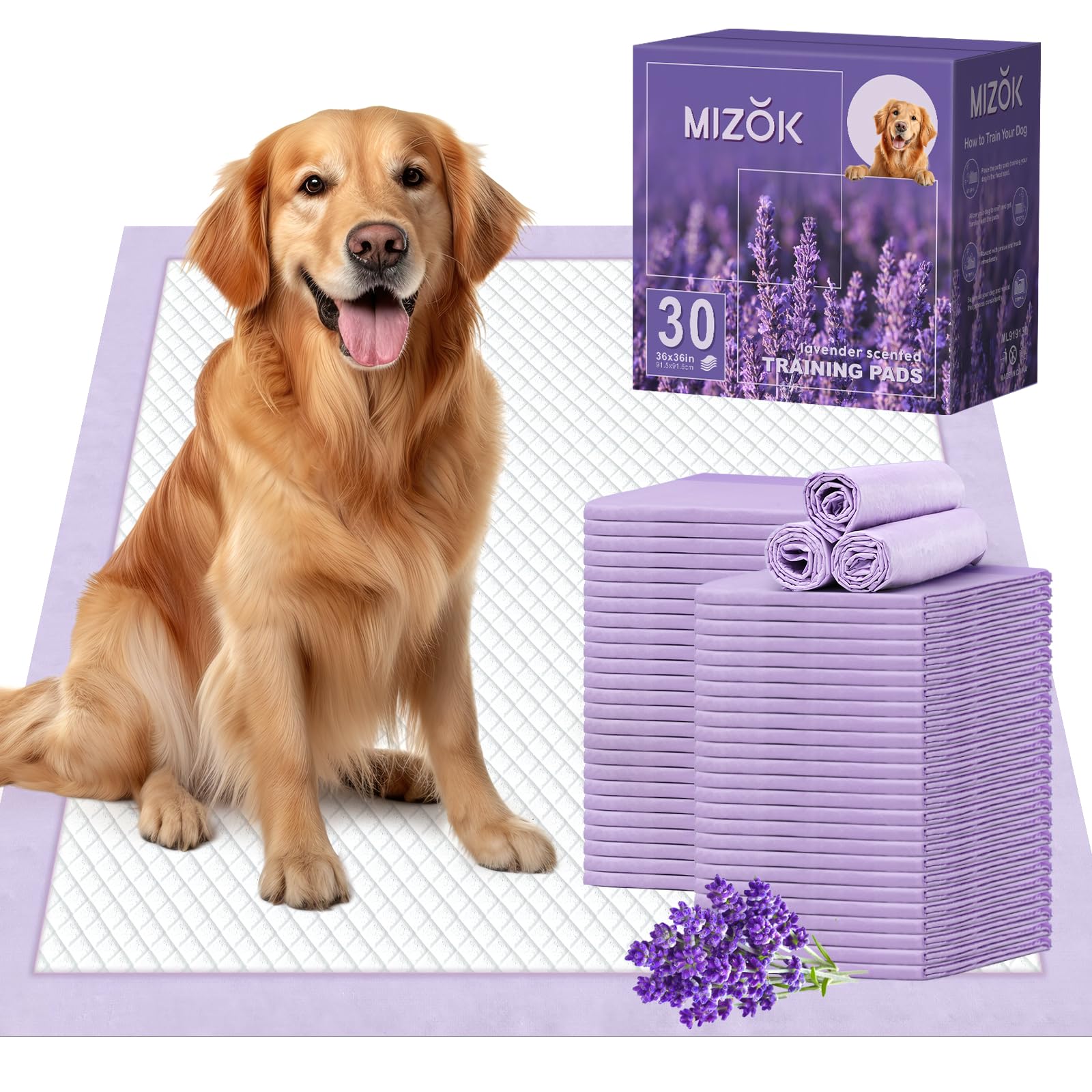 MIZOK Dog Pee Pads 36x36 Lavender Scented, Dog Pads Extra Large Odor Control Pee Pads for Dogs, Puppy Pads Ultra Absorbent Up to