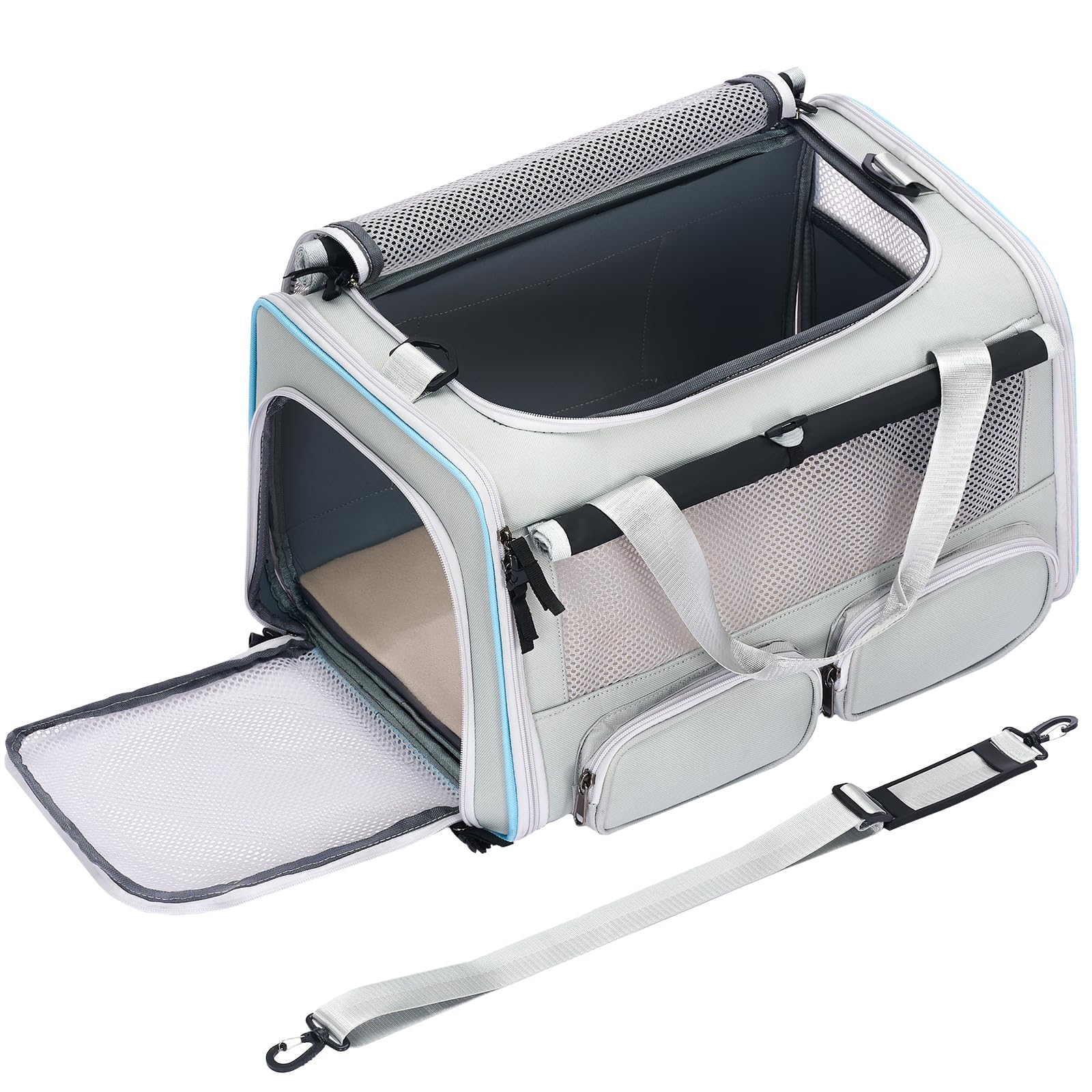 Cat, Dog Carrier For Pets Up To 20 Lbs, Soft-Sided Collapsible Pet Carrier With Upgraded Sturdy Base, Roll-Up Curtain And 2 Stor