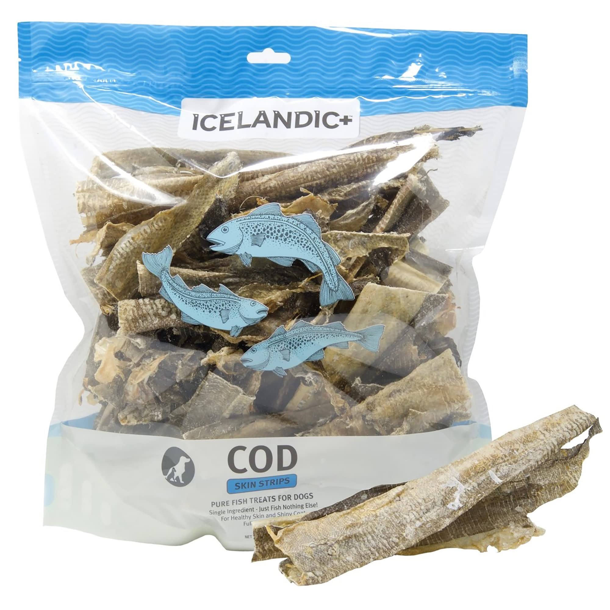 Icelandic+ Cod Skin Strips - 16oz Bag, Pure Fish Dog Treats, Wild-Caught & Air-Dried, Single Ingredient Snacks, Pet Chews, Just 