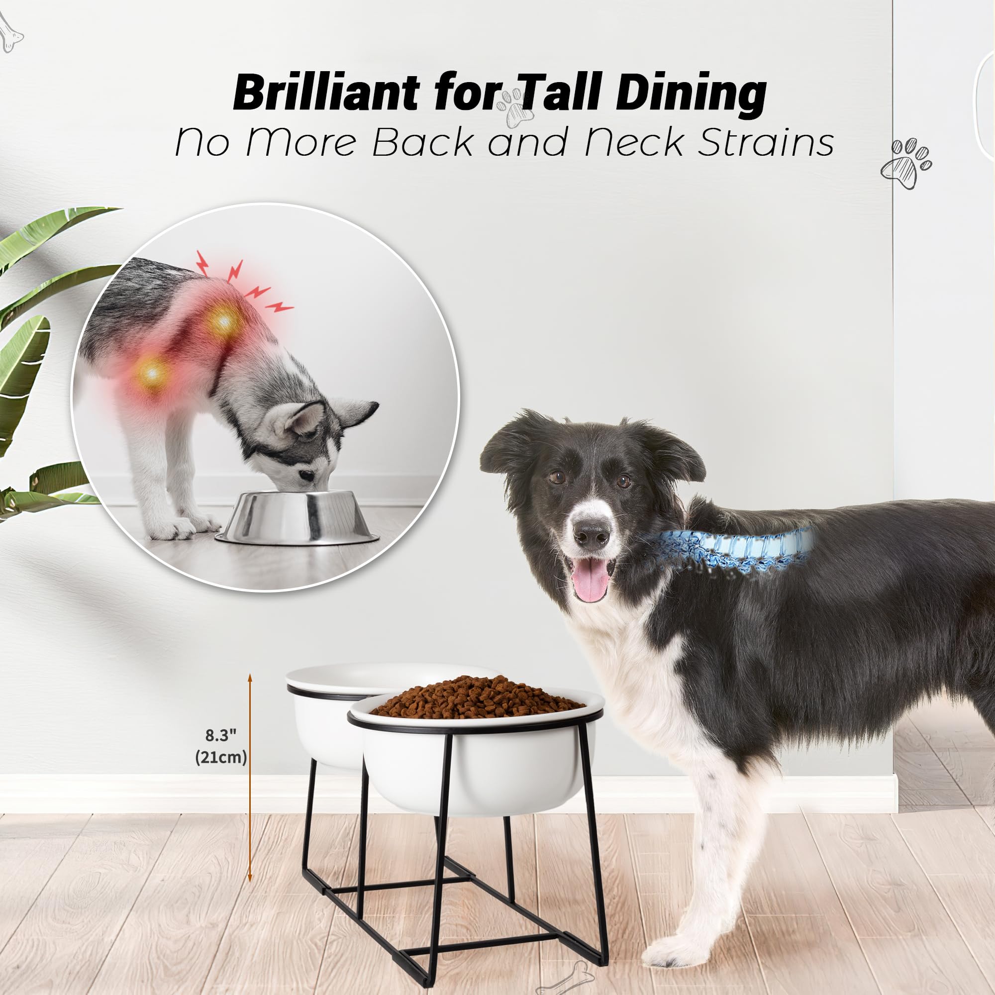 Ceramic Elevated Dog Bowl Set - Raised Double Feeding Bowls With Metal Stand - Pet Dishes For Medium And Large Dogs - 3.5 Cups -