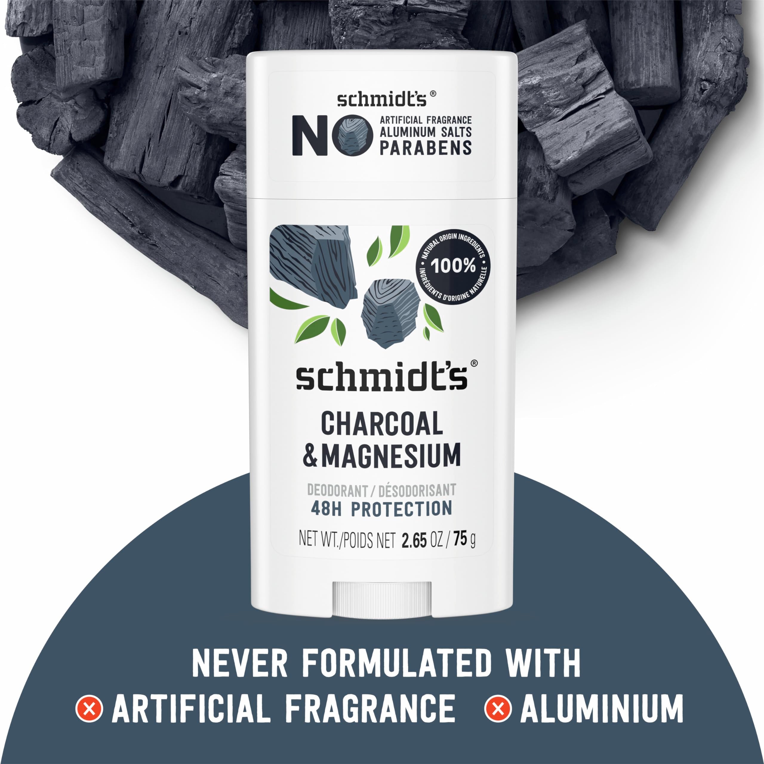 Schmidts Aluminum-Free Vegan Deodorant Charcoal & Magnesium with 48 Hour Odor Protection, for Women and Men, Natural Ingredient