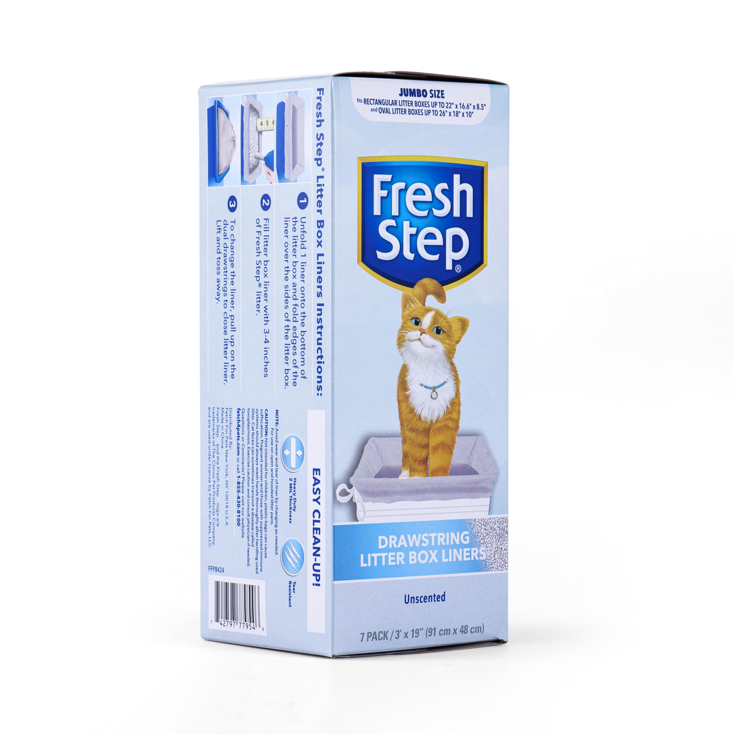 Fresh Step Drawstring Cat Litter Box Liners, Unscented, Jumbo Size, 36'' X 19'' - 7 Count | Kitty Litter Bags, Cat Litter Liners