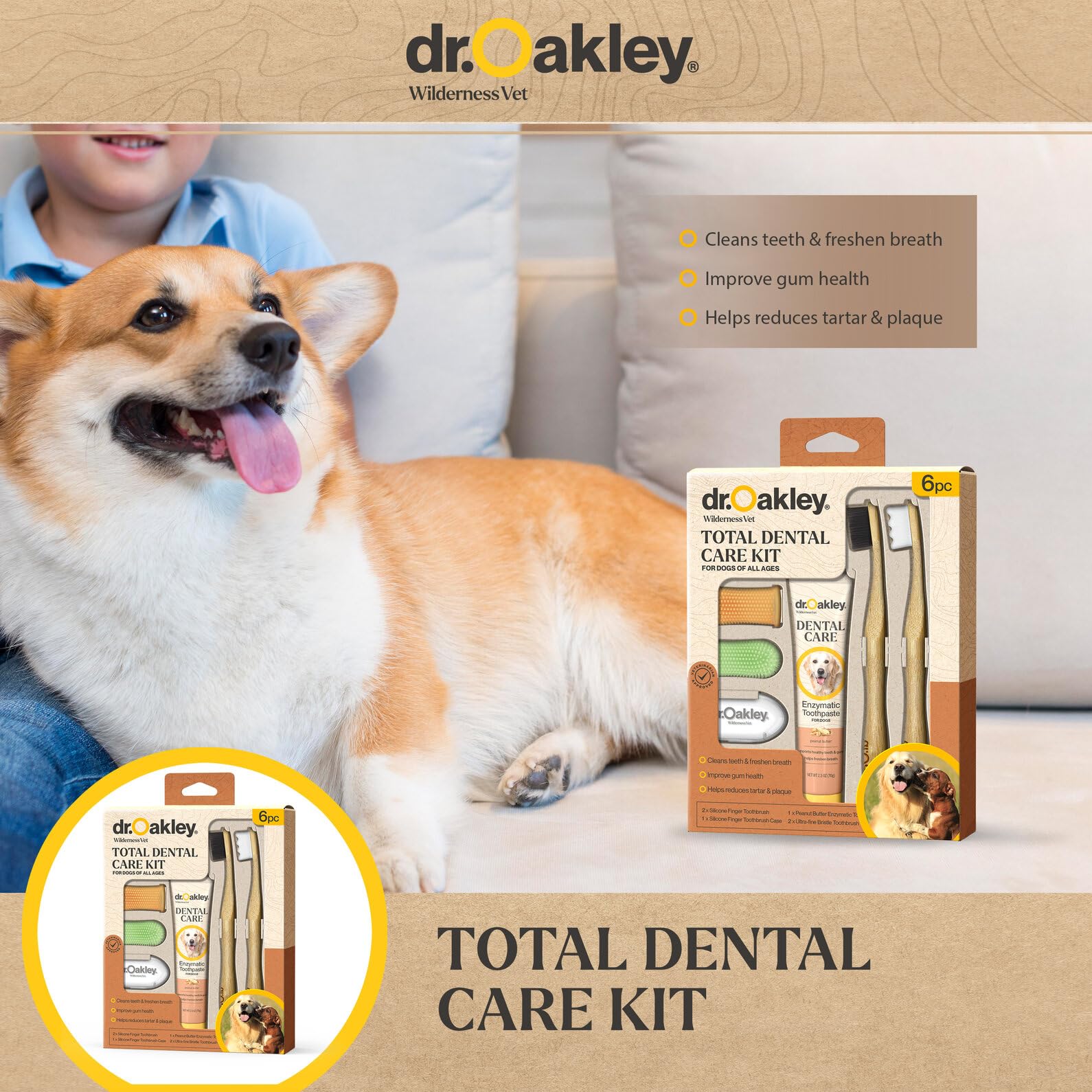Dr. Oakley Total Dental Care Kit for Dogs: Peanut Butter Flavor - Toothpaste, Brushes, and Case, Natural