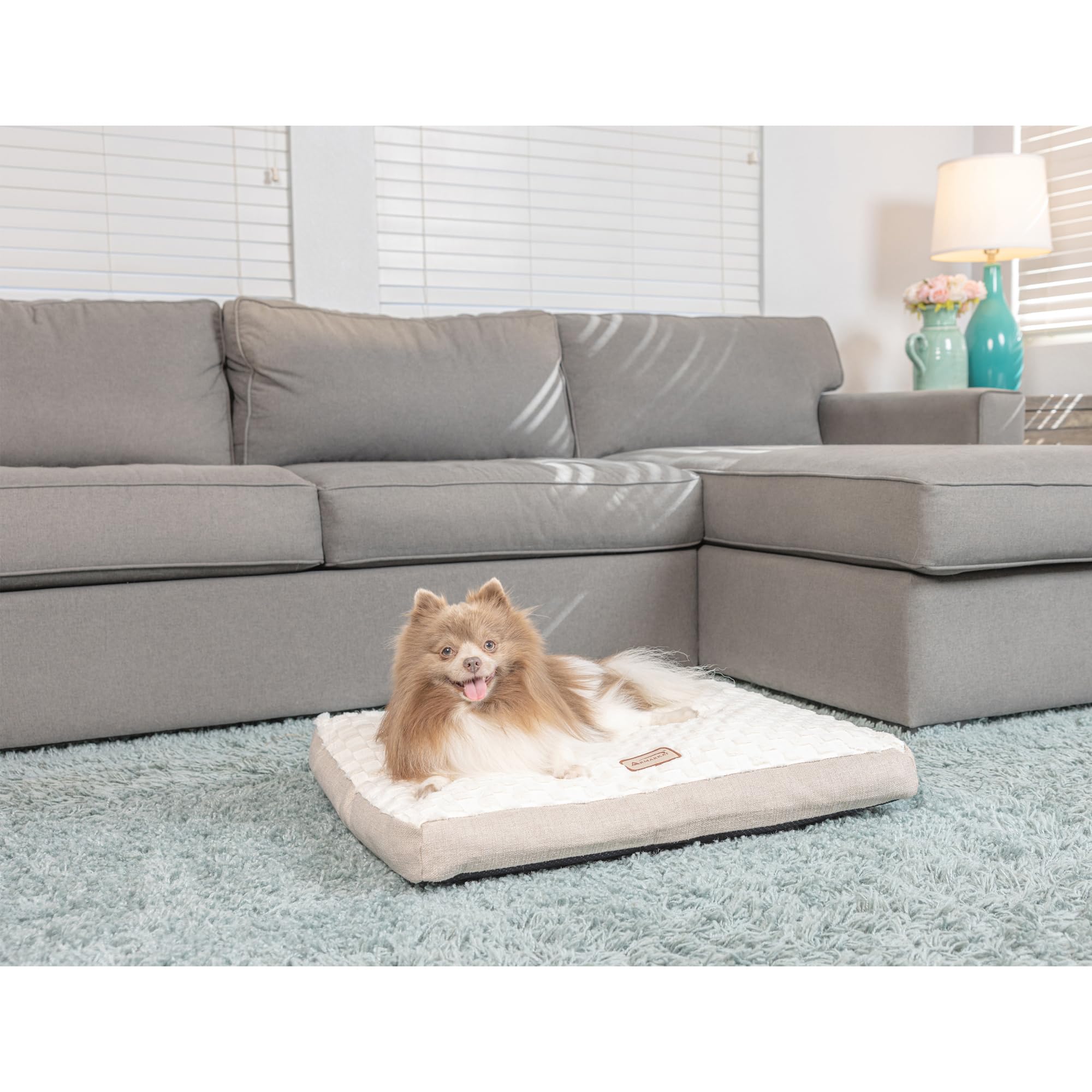 Armarkat Mat Model M12HMB/MB-M Medium with Handle, Dog Crate Mat with Poly Fill Cushion & Removable Cover, Beige/White