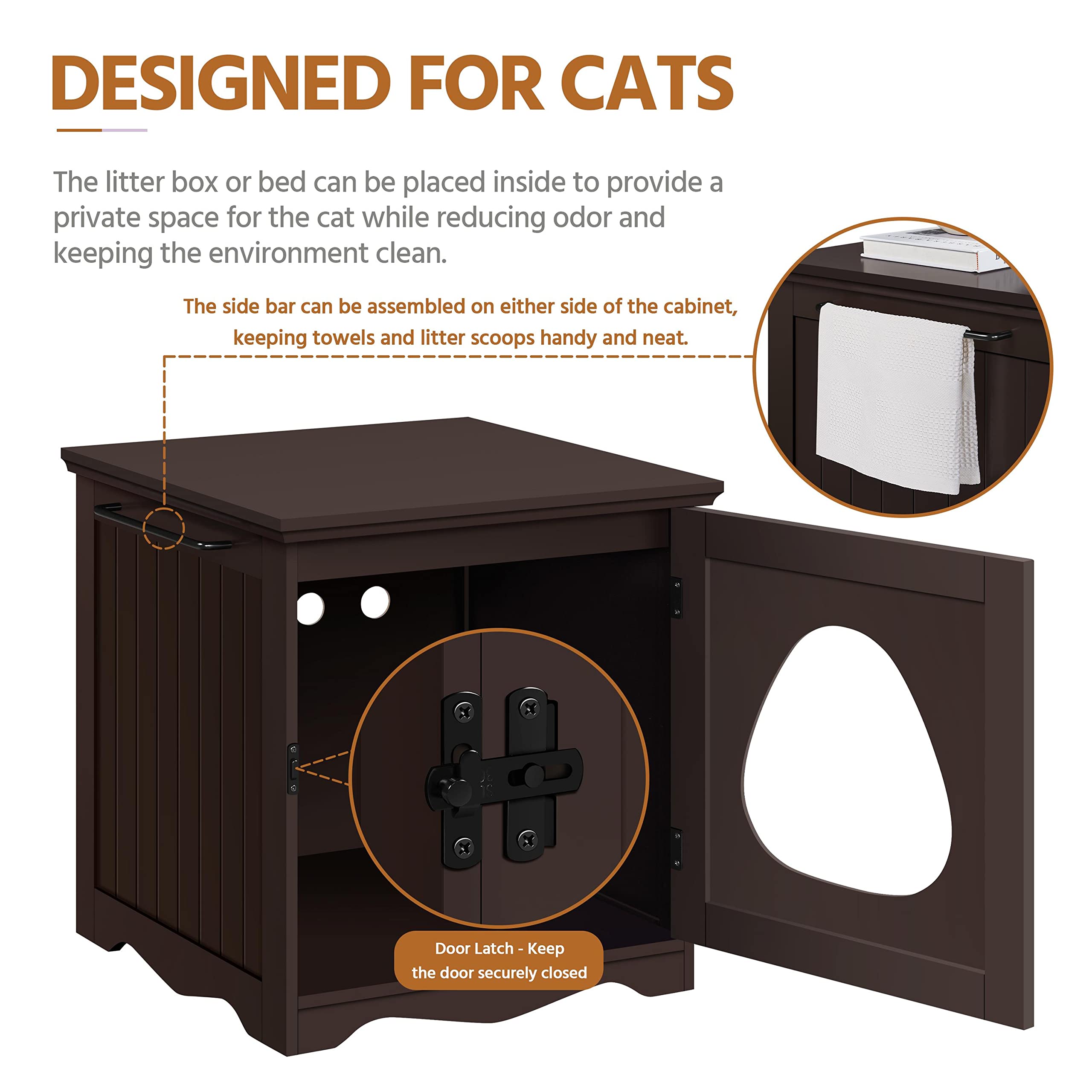 Yaheetech Cat Litter Box Enclosure, Litter Box Furniture Hidden With Towel Bar, Wooden Cat Washroom, Dog Proof Cat Litter Box Cabinet, Indoor Cat House, Side End Table, Espresso