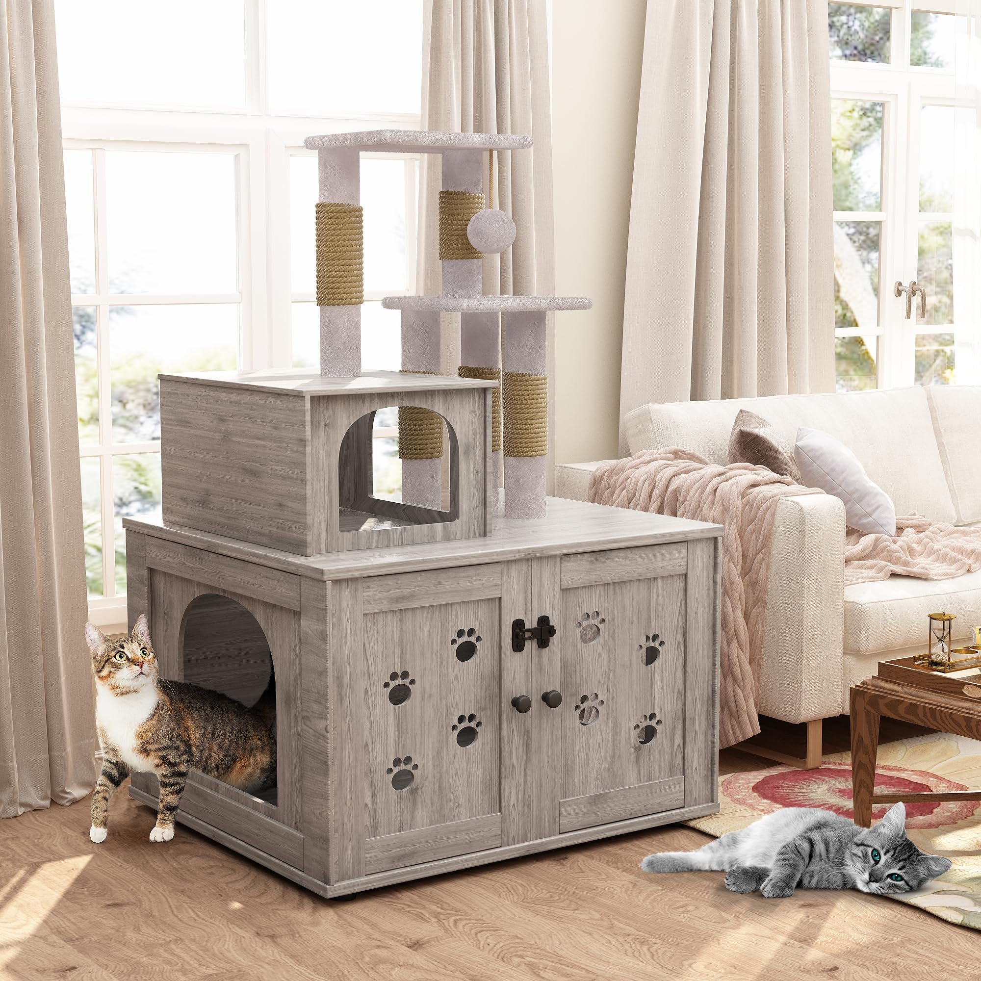 Dklgg Cat Tree With Cat Litter Box Enclosure, Hidden Washroom Furniture With Divider, Large Wooden Cat House With Cat Tree Condo