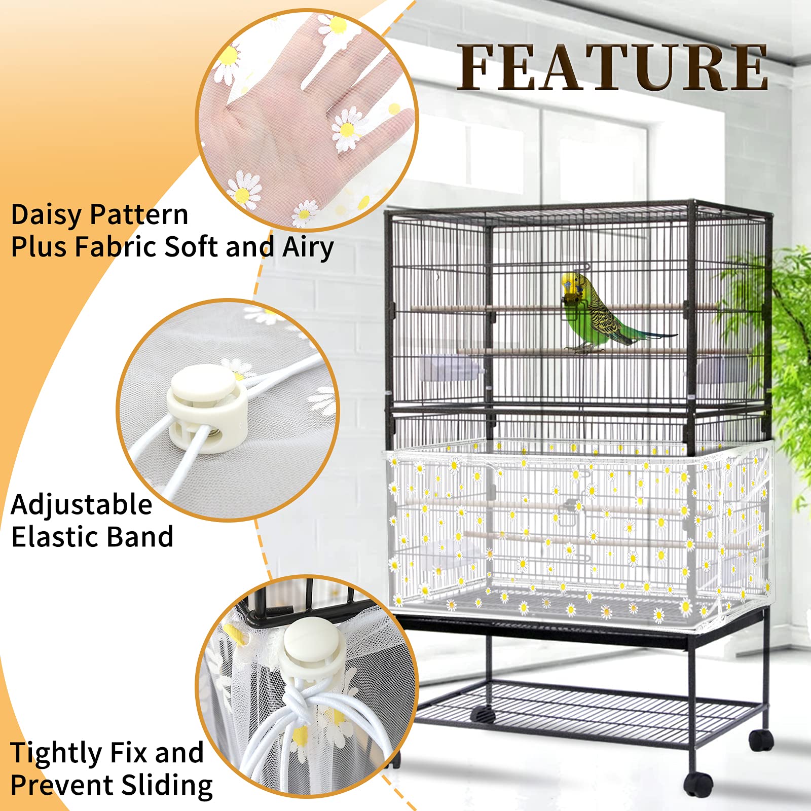 Daoeny Large Bird Cage Cover, Bird Cage Seed Catcher, Adjustable Soft Nylon Mesh Net With Daisy Pattern, Birdcage Cover Skirt Seed Guard For Parrot Parakeet Macaw Round Square Cages (White)