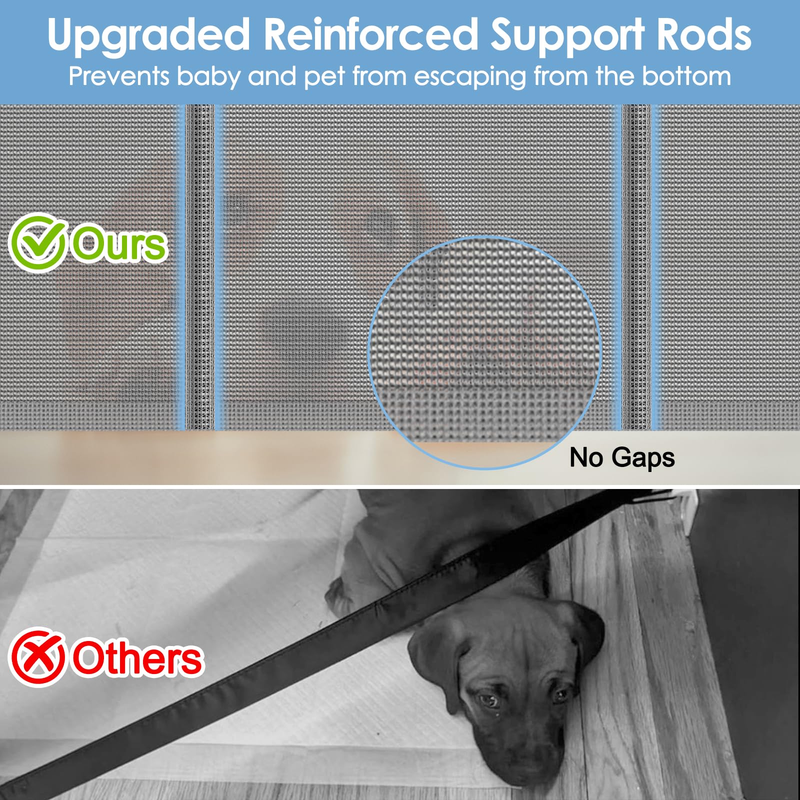 Reinforced Retractable Baby Gates with Support Rods, Retractable Gate for Babies and Pets Prevent Bottom Crawling Through, Exten