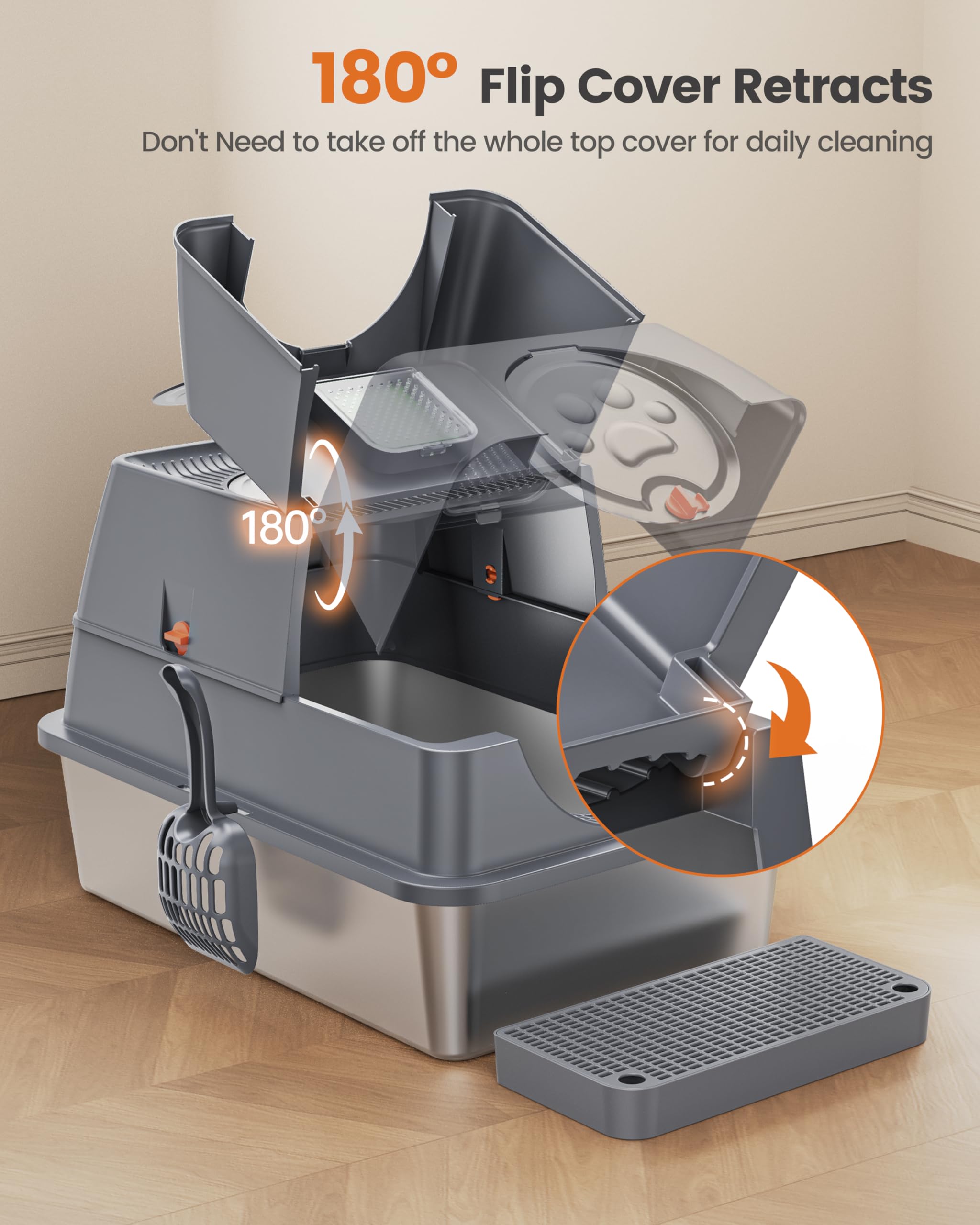 Aoktech Stainless Steel Litter Box With Lid Large Enclosed High Sided Covered Metal Steel Cat Litter Box With Steps Scoop, Easy