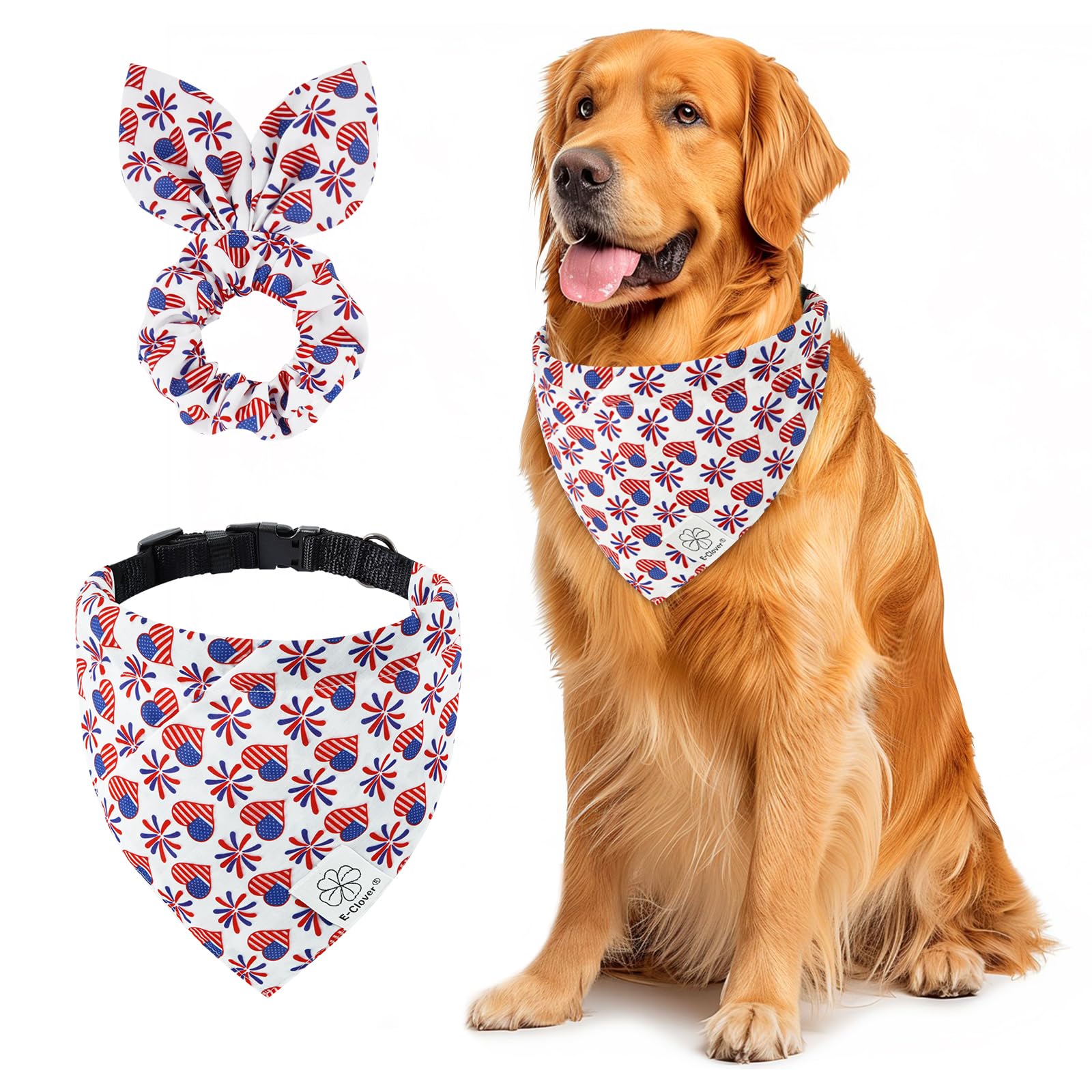 E-Clover 4Th Of July Dog Collar - American Flag Patriotic Dog Collars & Matching Scrunchie Adjustable Dogs Collars For Medium Do