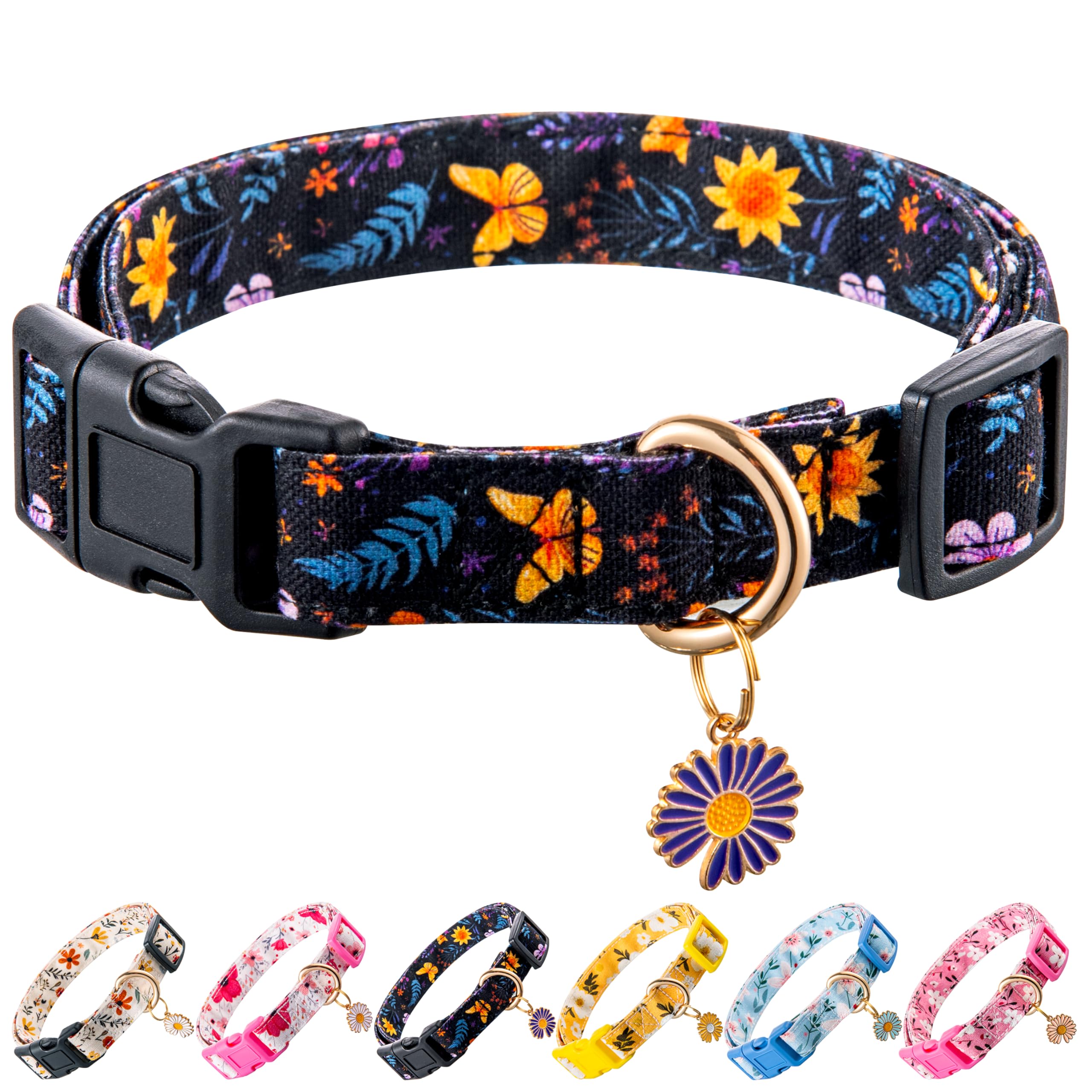 Raisingwell Cotton Dog Collar Purple Flower Pattern For Boys And Girls Cute Dog Collars Summer Fall Gift Adjustable For Medium T