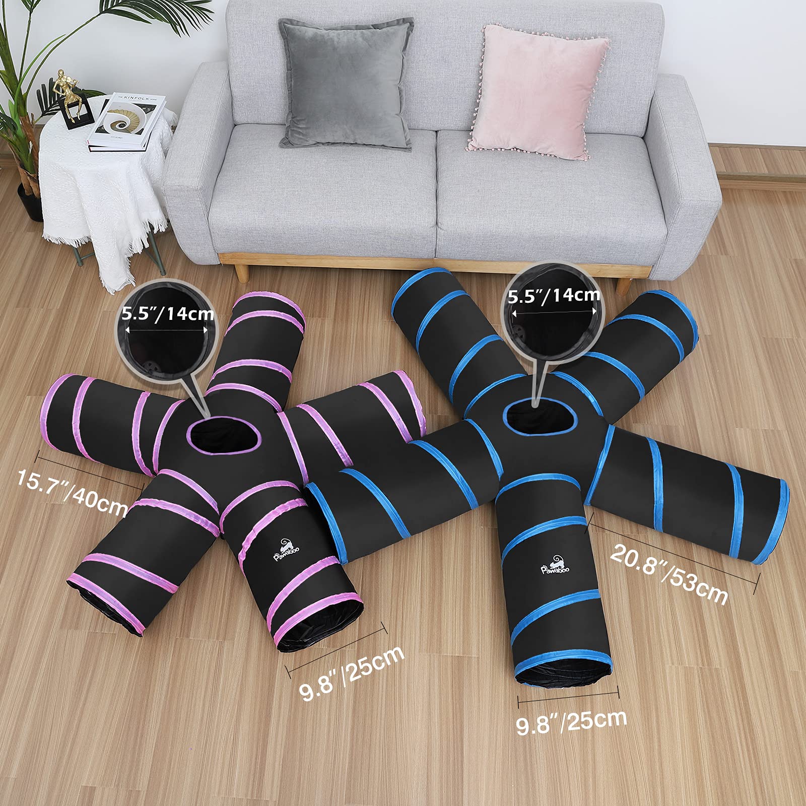 Pawaboo Cat Toys, Cat Tunnel Tube 5 Way Tunnels 25x53cm Extensible Collapsible Play Tent Interactive Toy Maze Cats House with Ba