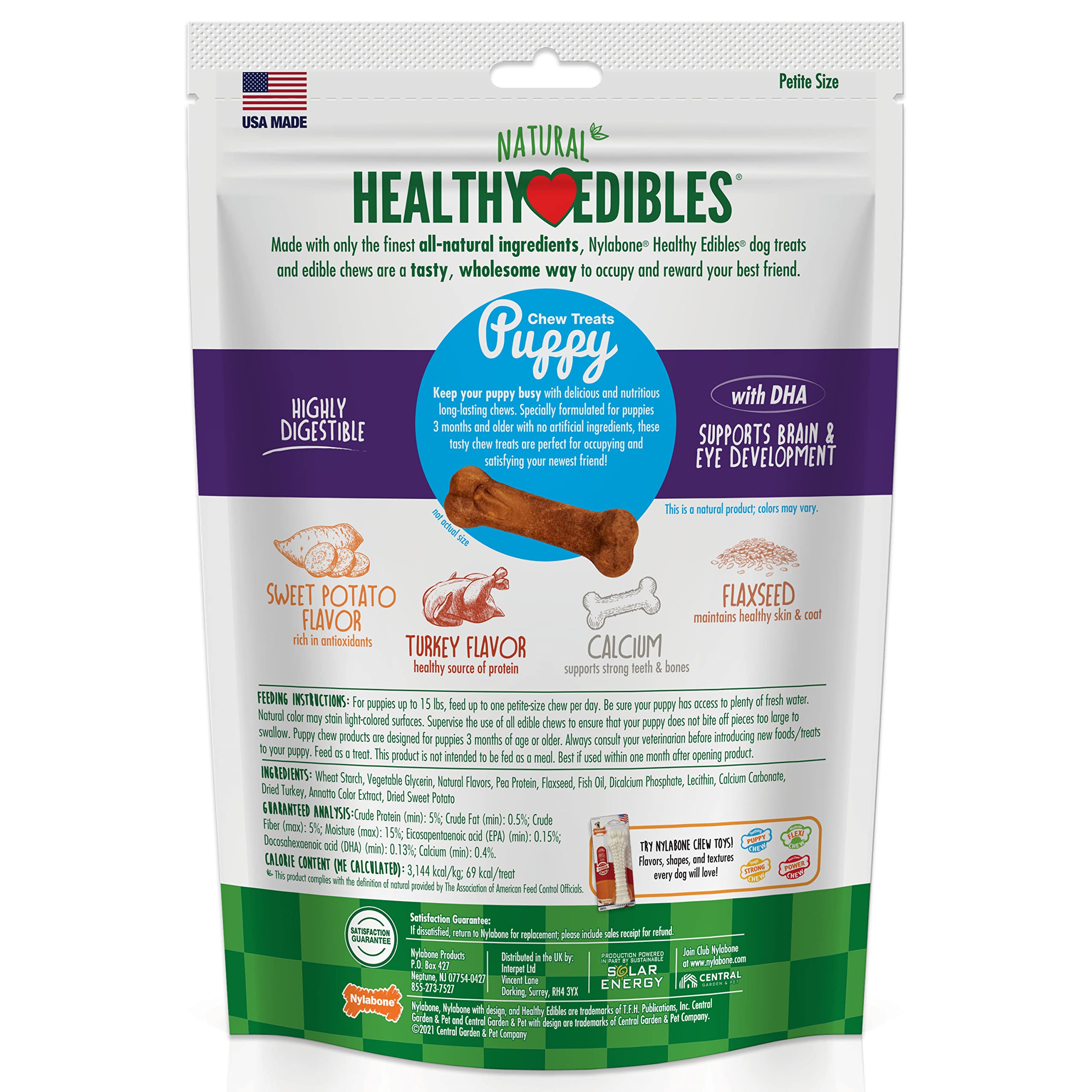 Nylabone Healthy Edibles Natural Puppy Chews Long Lasting Treats for Puppies, Turkey & Sweet Potato Flavor, X-Small/Petite (16 C