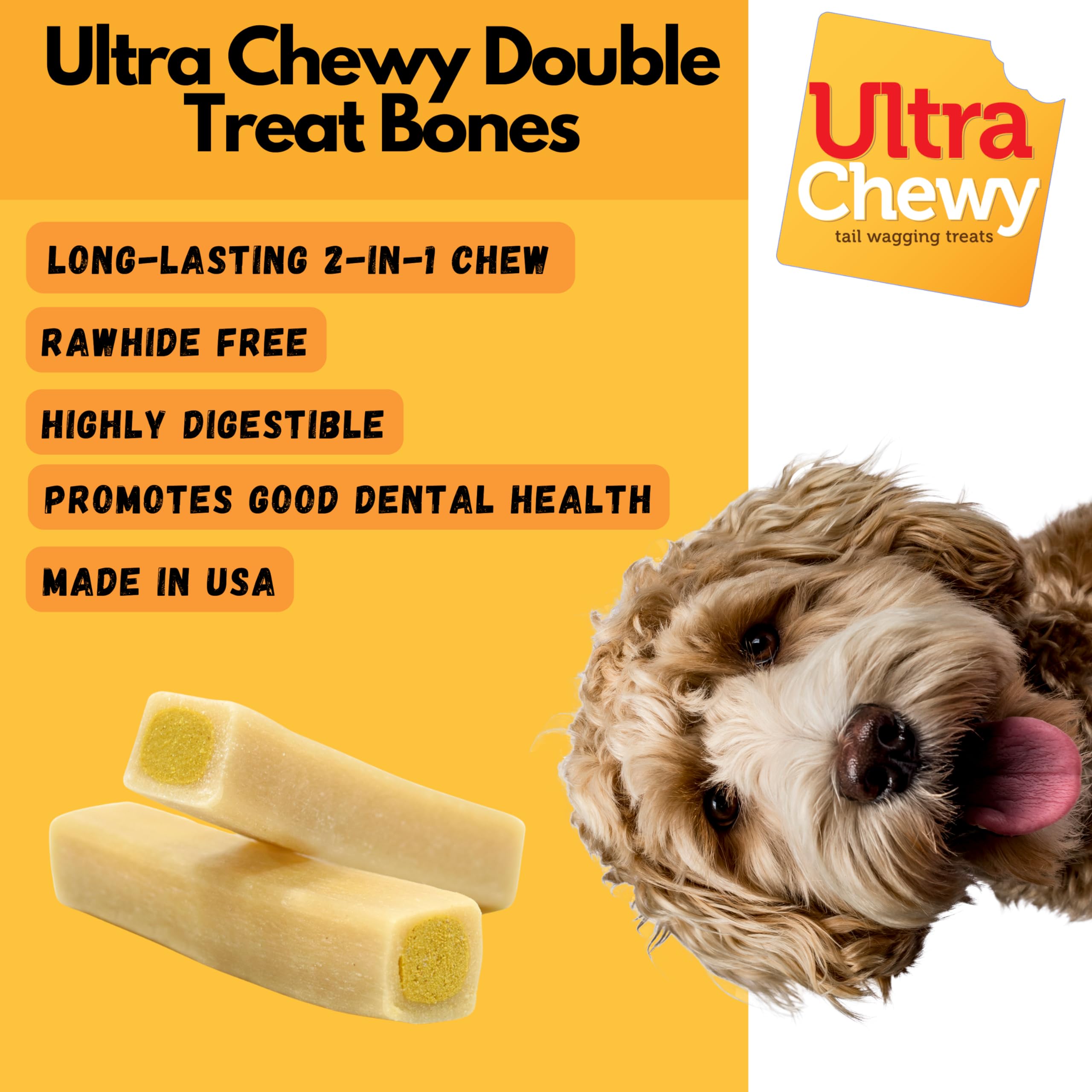 Ultra Chewy Dog Treats - Double Treat Bones, Healthy & Easy to Digest, Assorted Flavors, 2.8 oz (9 Bones)
