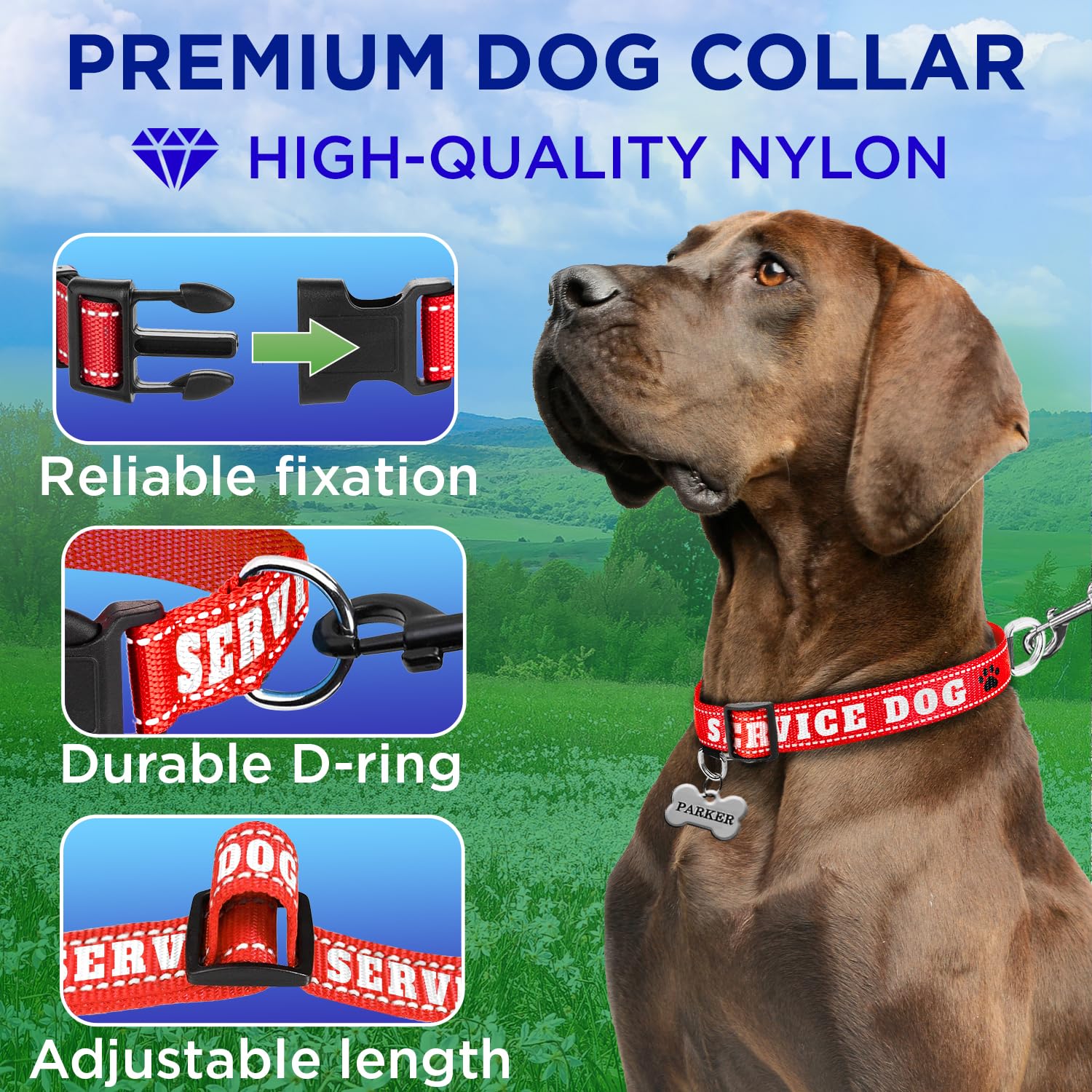 Teceum Reflective Pet Collar - Red - Service Dog - Xs - Basic Nylon Dog Collar - Quick Release Buckle - Fits Small, Medium And L