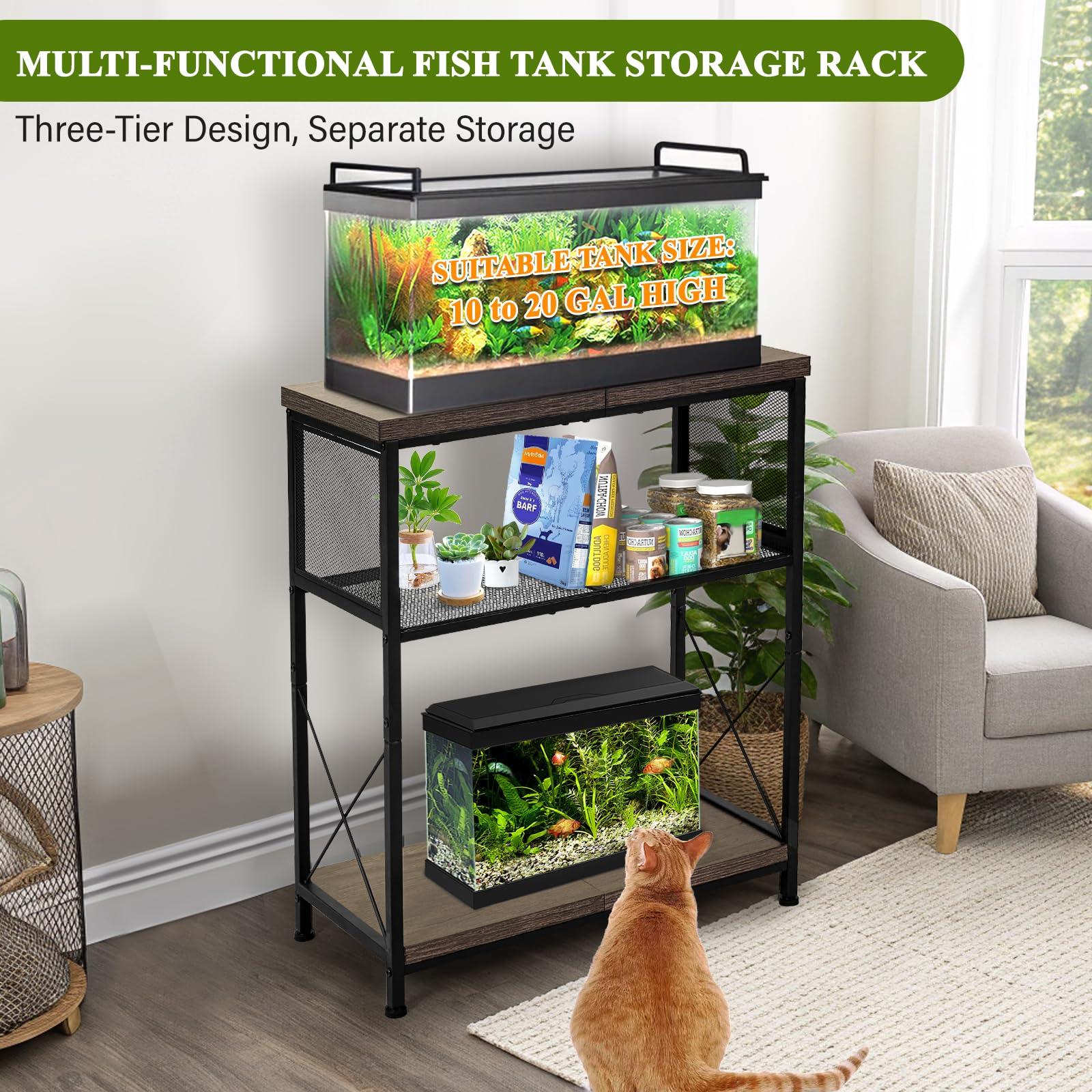 LALA IKAI Fish Tank Stand for 10-20 Gallon Aquariums Heavy Duty Adjustable Height Double Tier Steel Structure Sturdy Design Rept