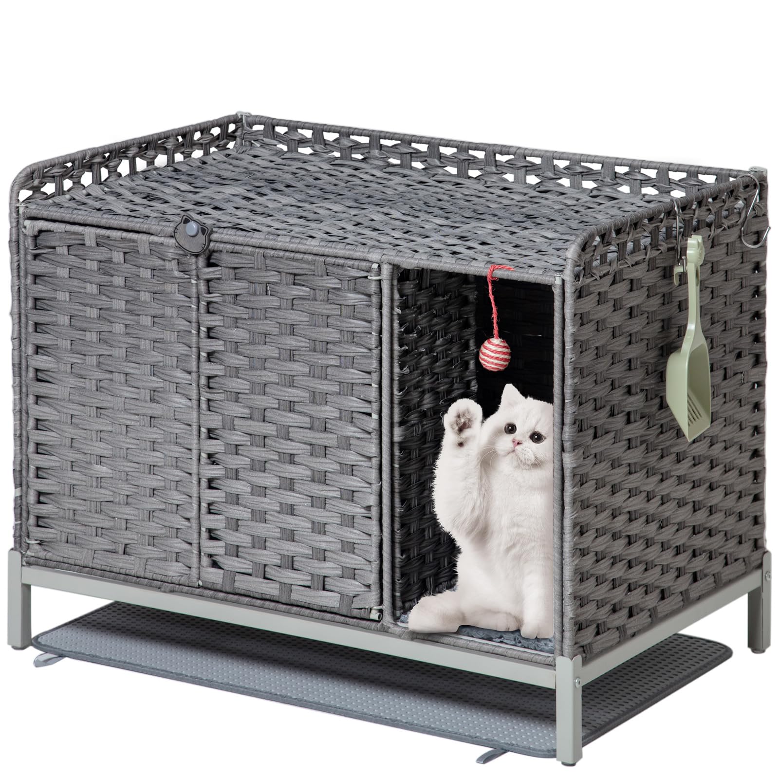 Setvson Cat Litter Box Enclosure Furniture With Divider, Handwoven Rattan Litter Box With Mat, 31.2 X 19.6 X 24.2 Inches, Metal 