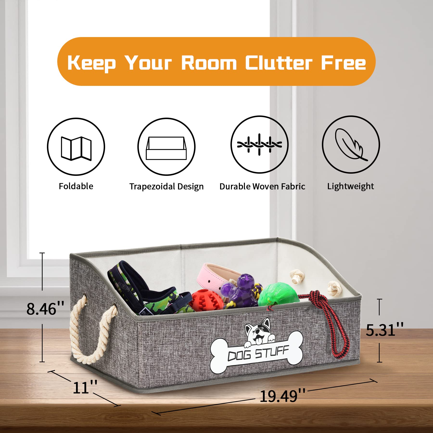 Thankspaw Dog Toy Box, Large Dog Toys Storage with Handle, Collapsible Dog Toy Bin, Fabric Trapezoid Basket Chest Organizer, Per