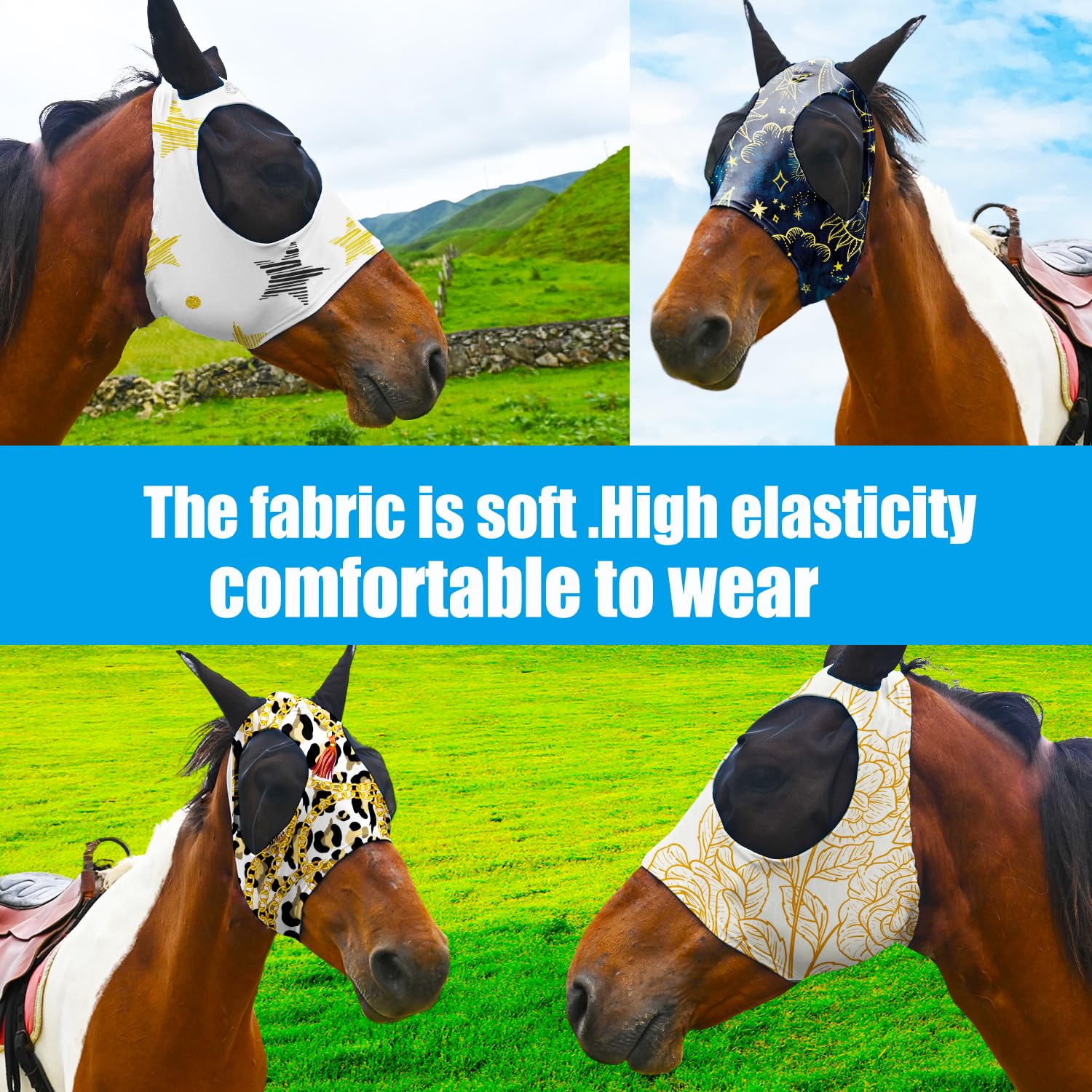 Super Comfort Fly Marsks for Horses of 8pcs Set-Horse FlyMask with Ears- Elasticity Fly Mask with UV Protection(Size:L