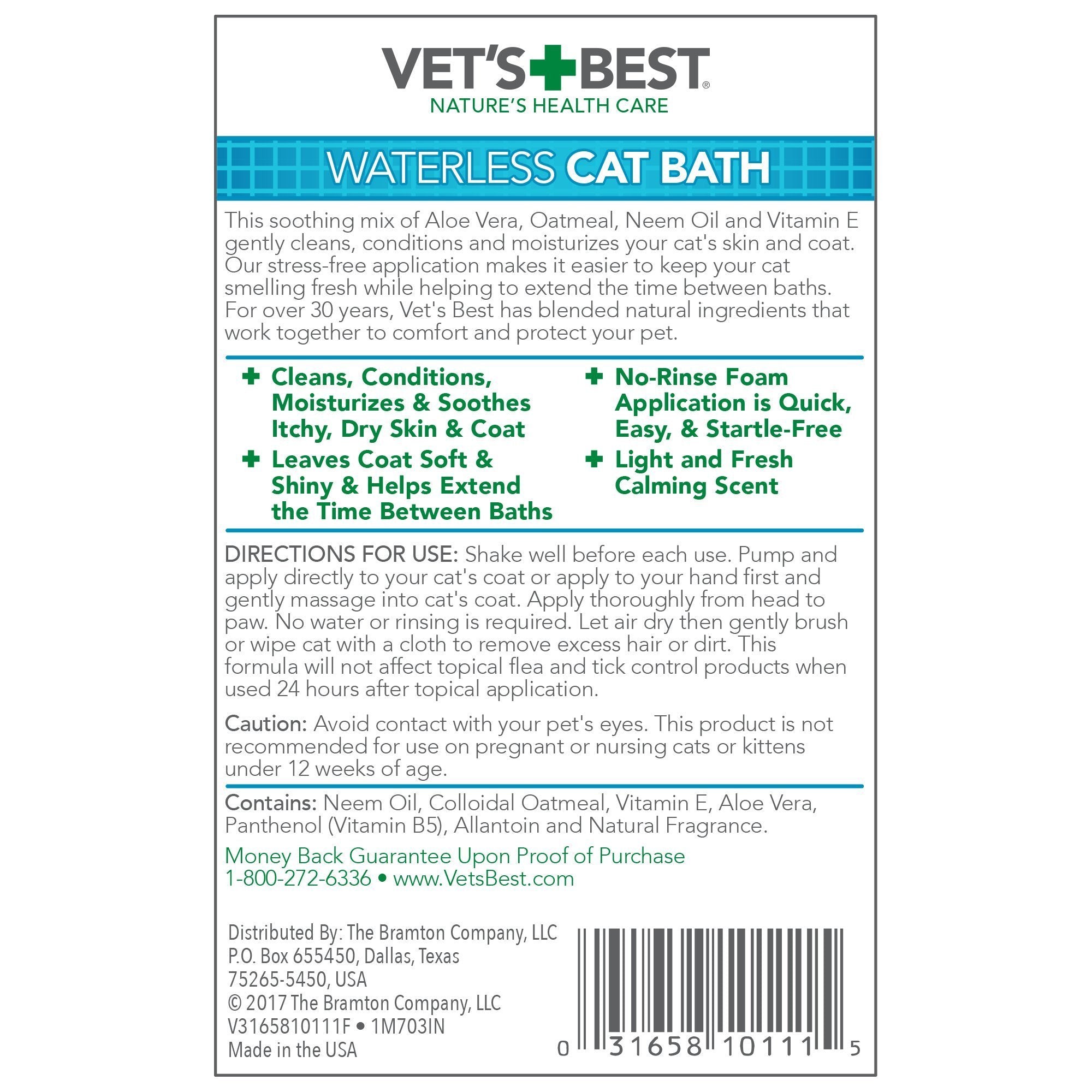 Vet'S Best Waterless Cat Bath | No Rinse Waterless Dry Shampoo For Cats | Veterinarian Formulated | 4 Ounces,Green