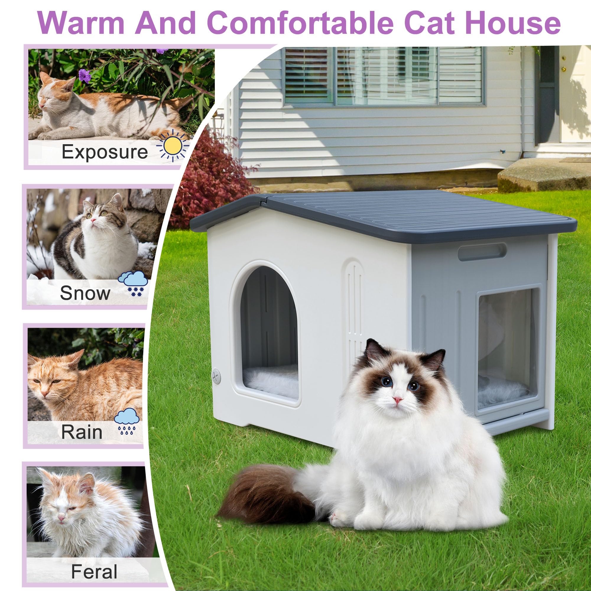 Rockever Plastic Outdoor Cat House with Escape Door, Waterproof Cat Shelters for Feral Cats Indoor Cat House with Mat, Sturdy Ca