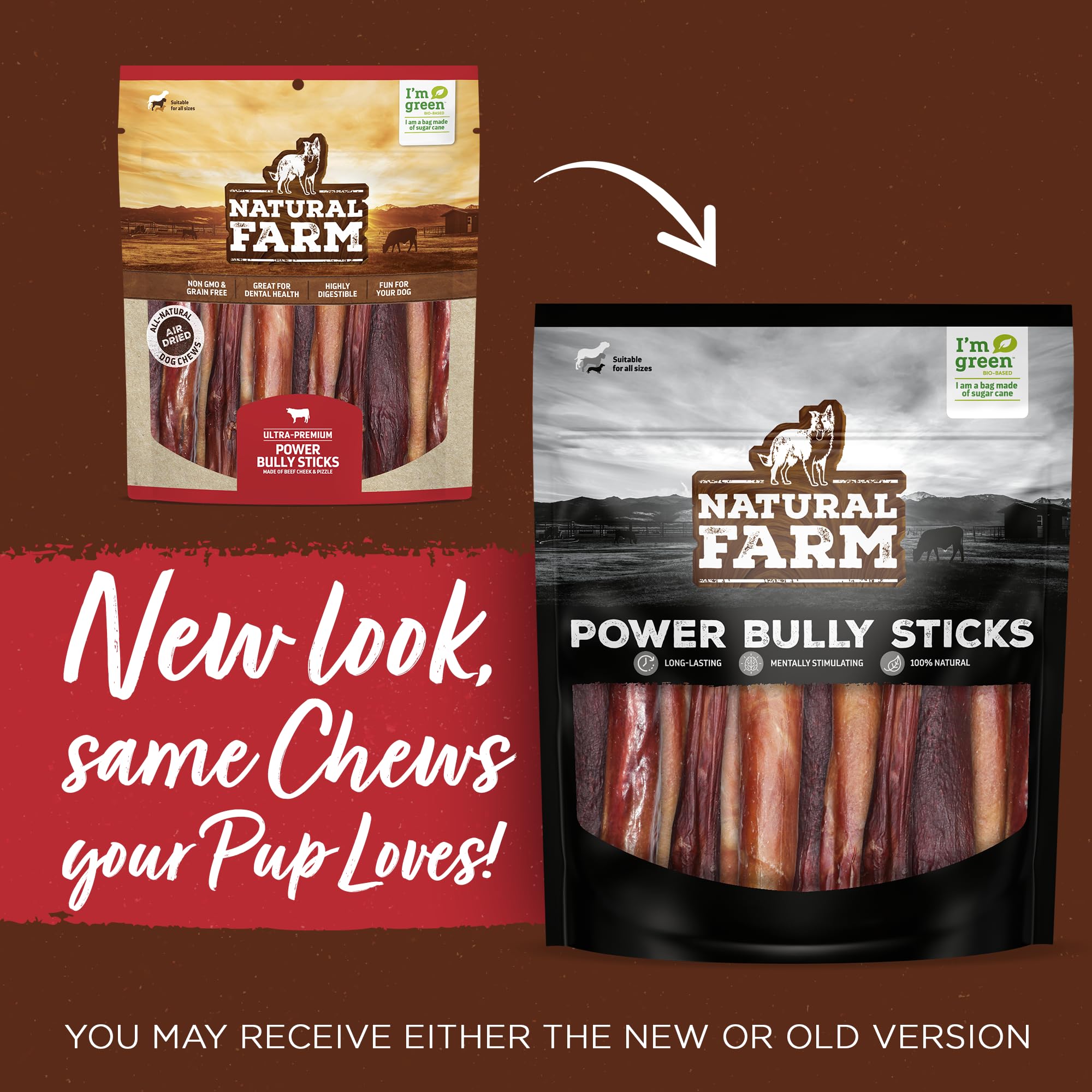 Natural Farm Power Bully Sticks Dog Chews (6   ,8 Ounces), 2-in-1 Power Chews: Premium Beef Cheek Wrapped in Beef Pizzle, Double