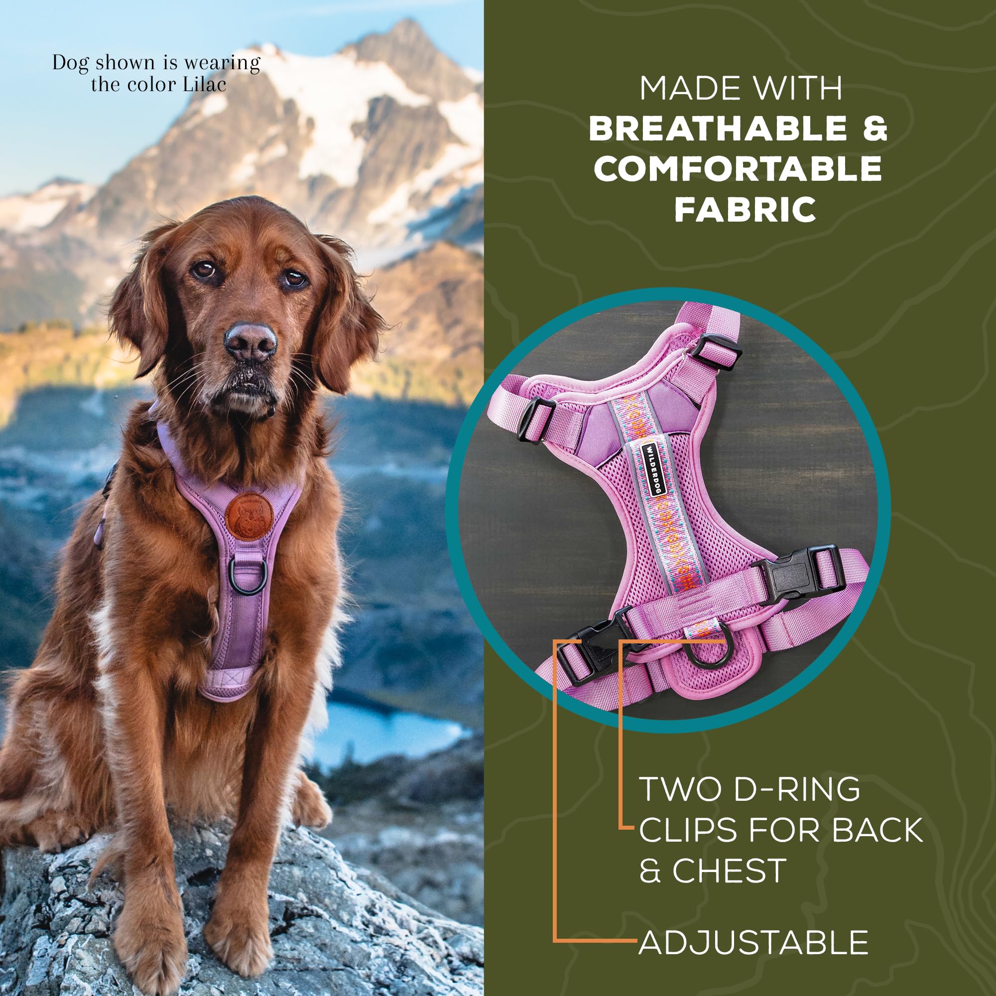 Wilderdog Lightweight Dog Harness with Reflective Straps - Large - Lilac