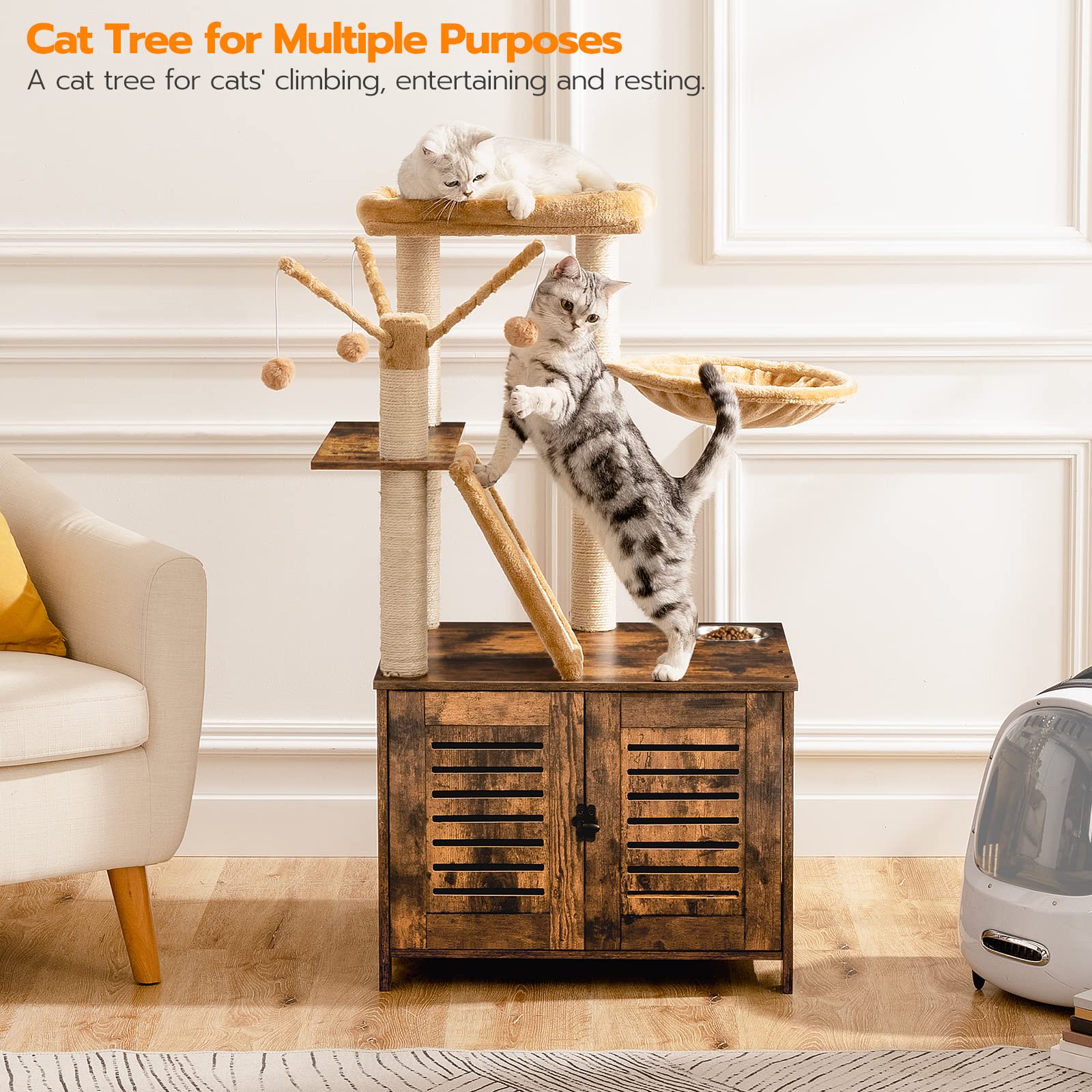 HOOBRO Cat Tree with Litter Box Enclosure, 44 Tall Wooden Cat Tower with Scratching Posts, Cat Hammock, Hidden Litter Box Furnit