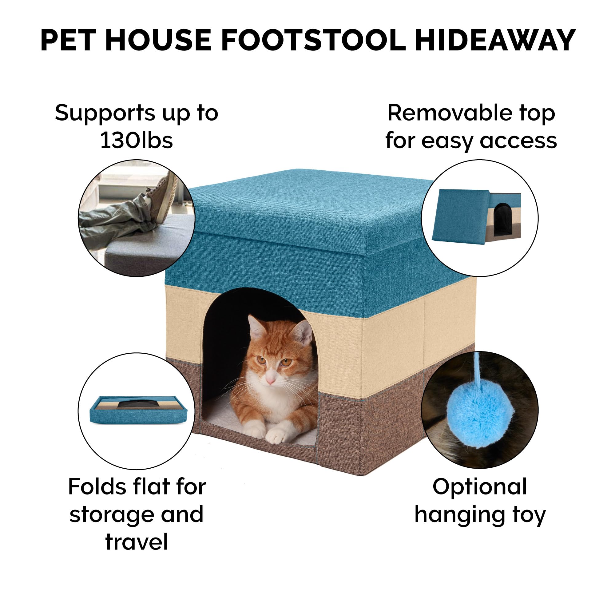 Furhaven Pet House for Indoor Cats & Small Dogs, Collapsible & Foldable w/ Plush Ball Toy - Living Room Footstool Cat Condo - Be