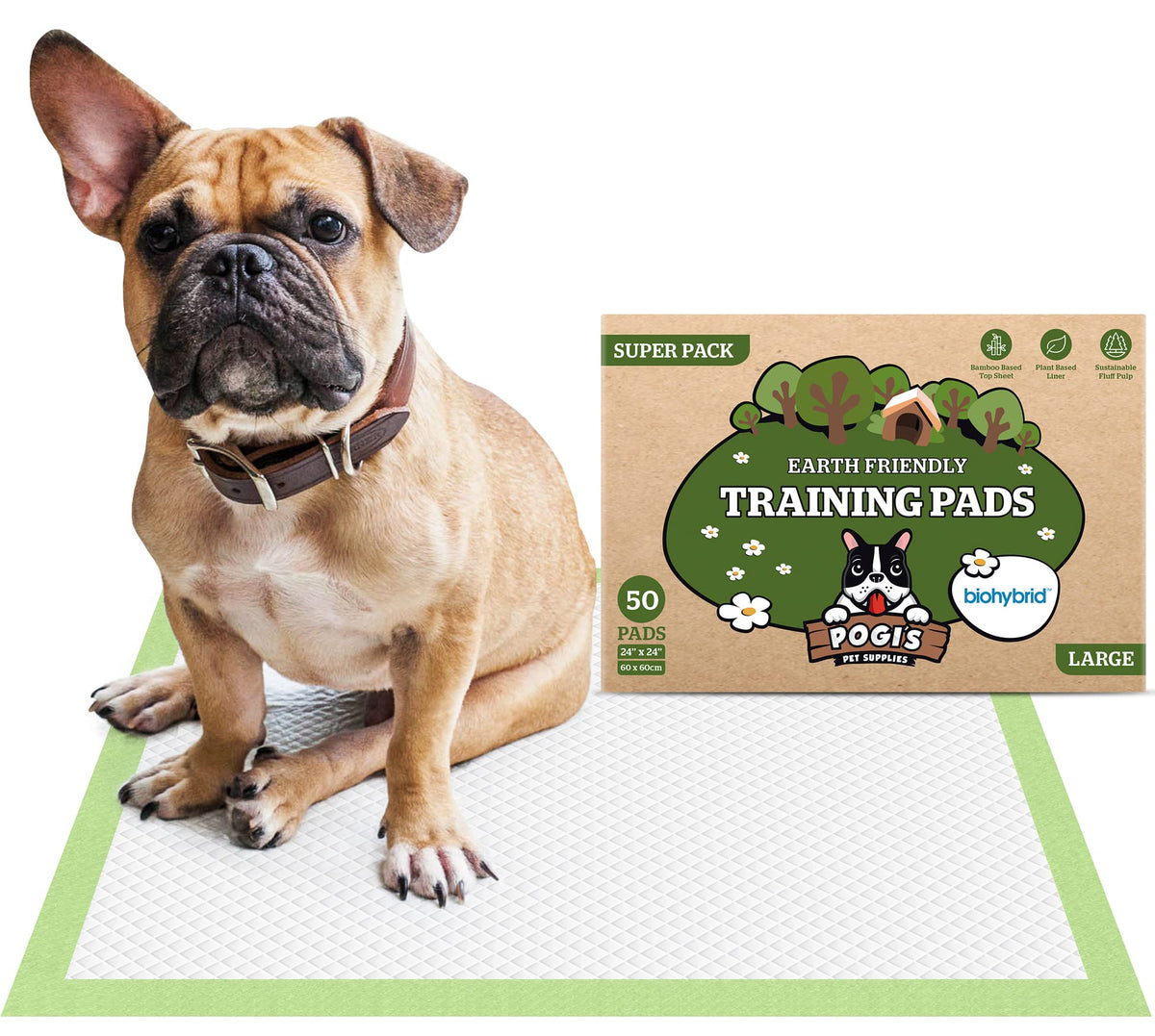 Pogi'S Dog Training Pads With Adhesive Sticky Tabs (50-Count) (24X24In) - Large Puppy Pads, Earth-Friendly Dog Pads, Plant-Based Puppy Pee Pads For Dogs - Puppy Supplies For Small To Large Sized Dogs