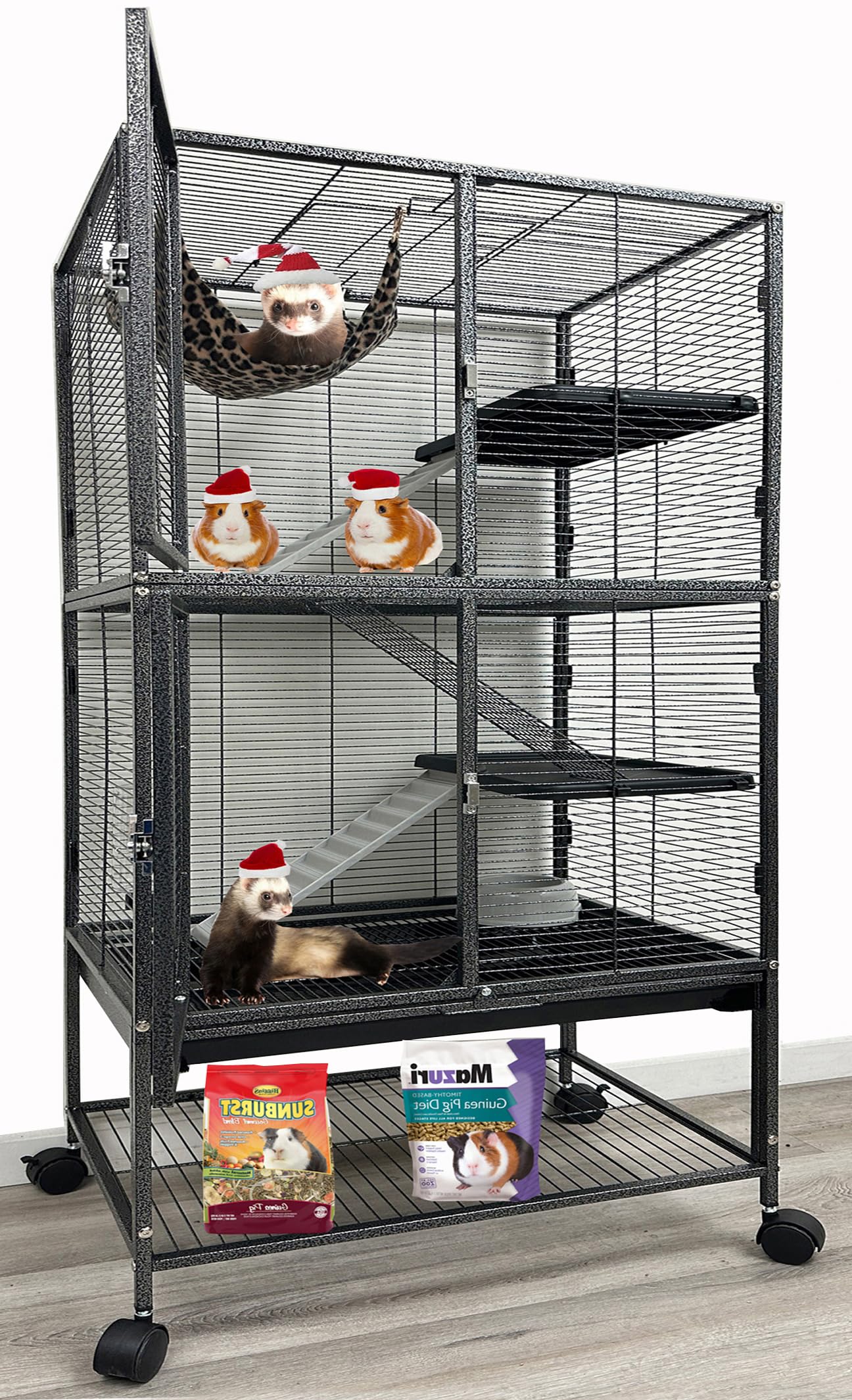 X-Large 31x18.5x53.5H Deluxe Double Unit 4-Tiers Tight 1/2-Inch Bar Spacing Large Front Doors Water Bottle Food Bowl Feisty Ferr
