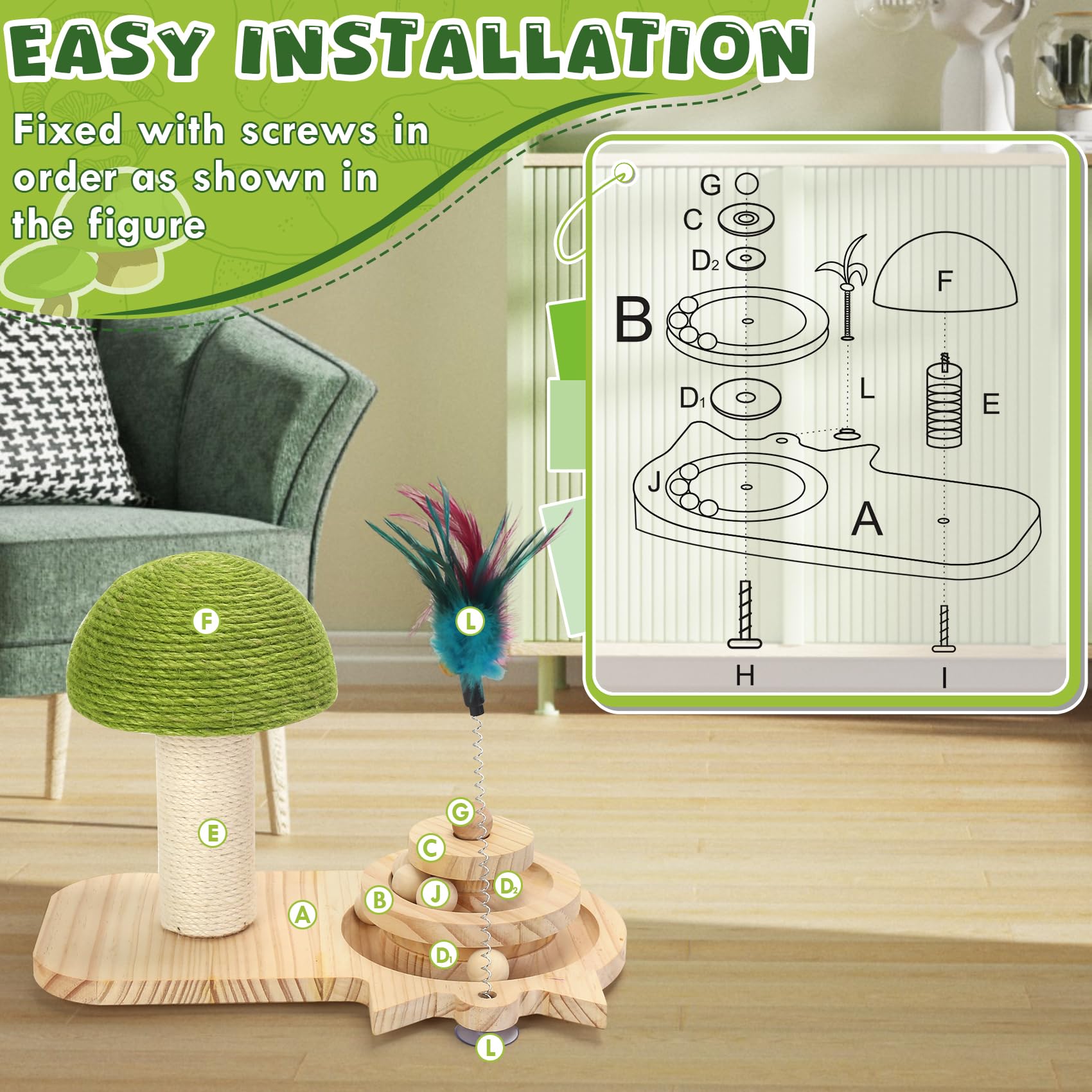 Cat Scratching Post, Sisal Mushroom Scratcher, Interactive Cat Toy With Ball And Bell Feather For Kittens And Small Cats