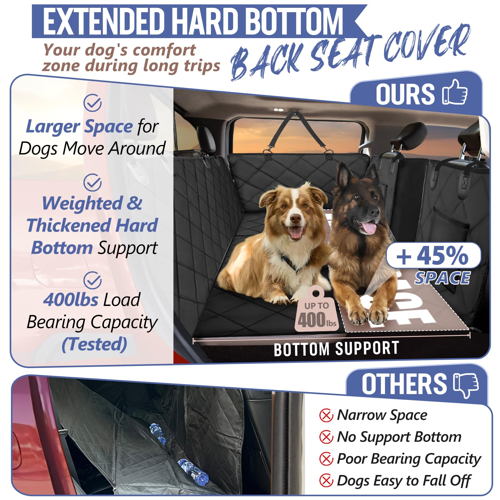 Rouwinne Back Seat Extender For Dogs Truck-Large Space, Dog Seat Cover Back Seat Hard Bottom Holds 400Lbs, Sturdy Pet Seat Covers, Waterproof Backseat Dog Hammock For Trucks