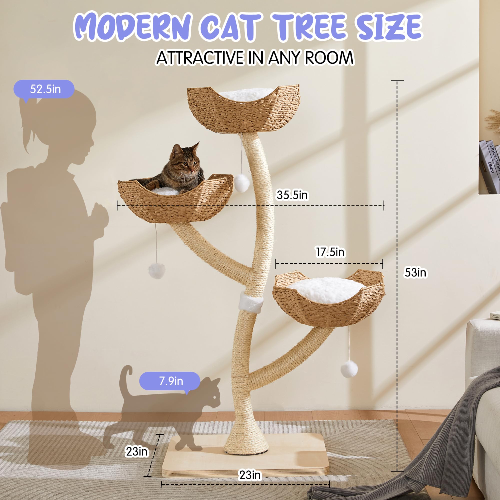 Modern Cat Tree 53 Tall, Scratching Tower For Multiple Small Large Cats With Scratching Post, Multi-Level Luxury Cat Condo