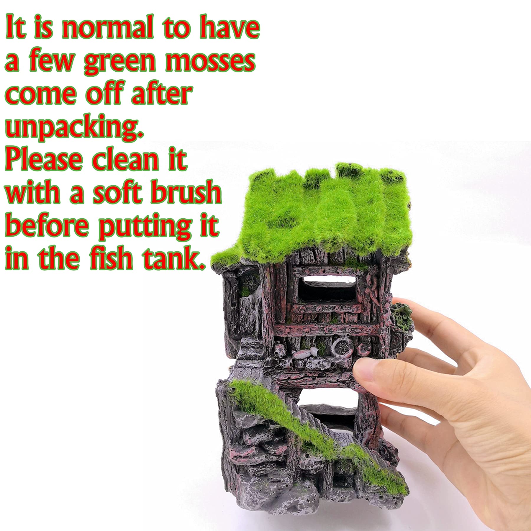 M2Cbridge Aquarium Decorations Fish Hideout House Betta Cave With Green Lifelike Moss (Style 4)