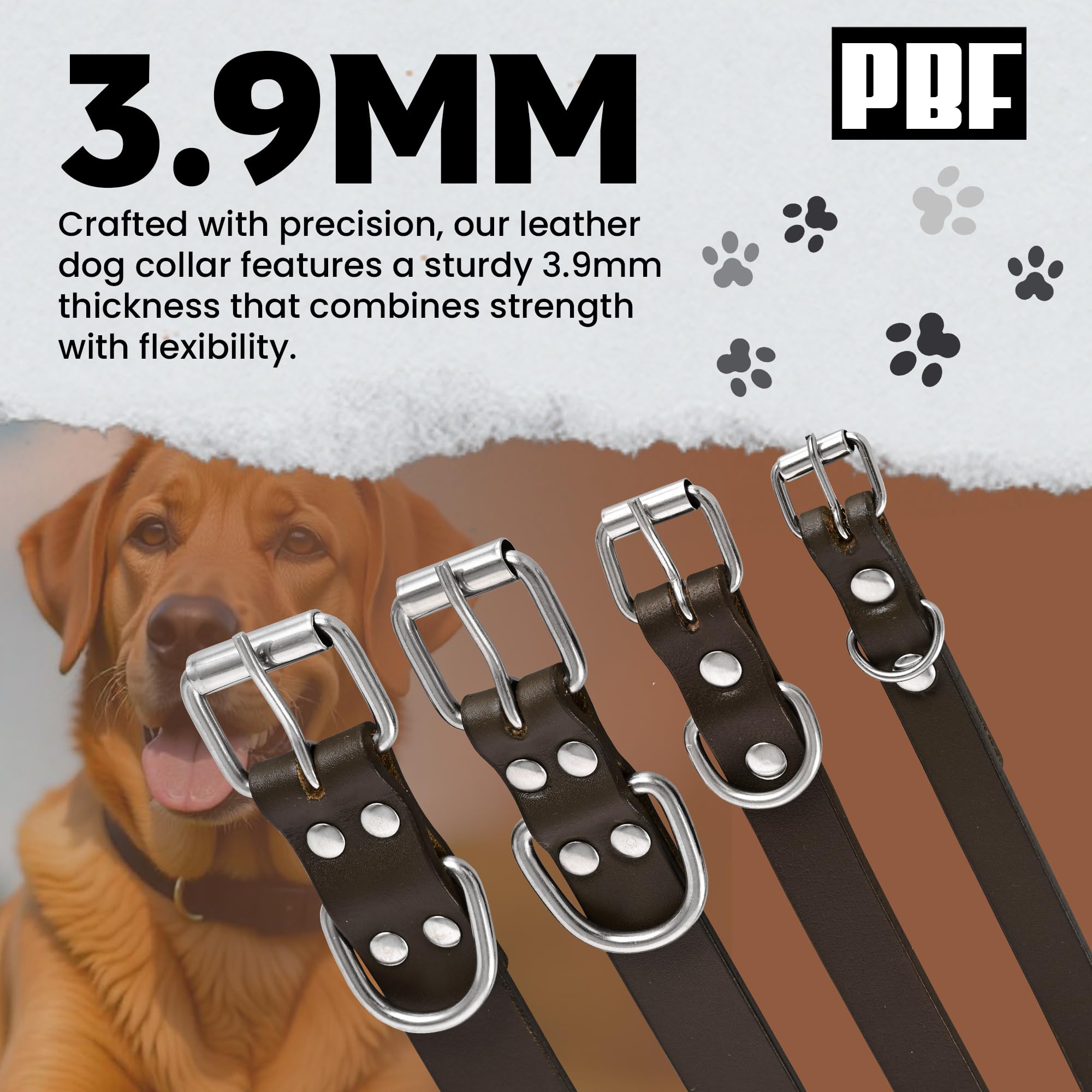 Pbf Genuine Leather Dog Collar - Heavy Duty, Thick And Durable Collar For Small, Medium, Large, And Extra Large Dogs (Brown, Med