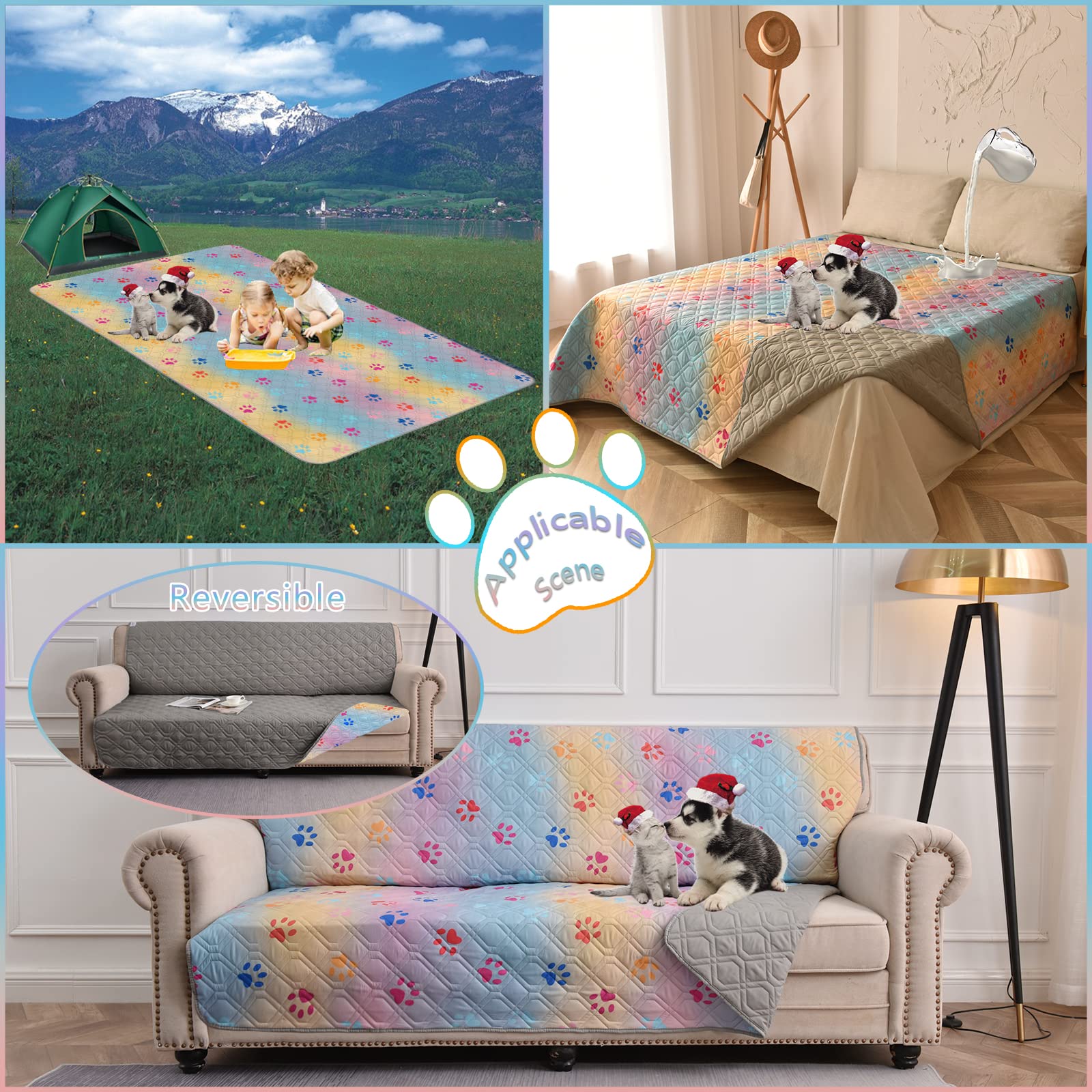 Topthumbs 100% Waterproof Dog Bed Cover 86X82 Inch Reversible Changing Pad Reusable Camping Mat For Kids/Pet/Dog/Cat Washable Geometric Embroidery Blanket Patchwork Rainbow Dog Paw Printed+Gray