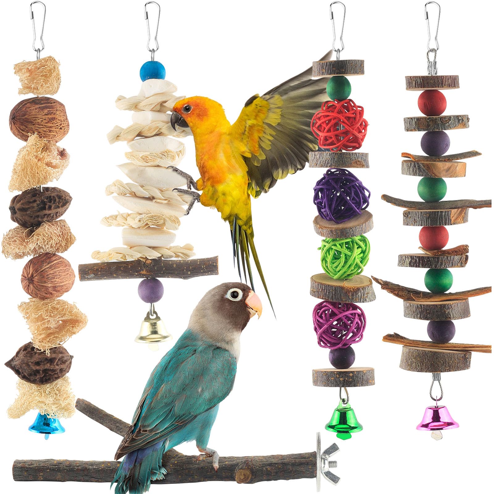 Bissap Bird Chew Toys, 5 Packs Parakeet Natural Wood Toys Parrot Hanging Cage Toy Bird Perch Stand for Small Bird Conure Cockati