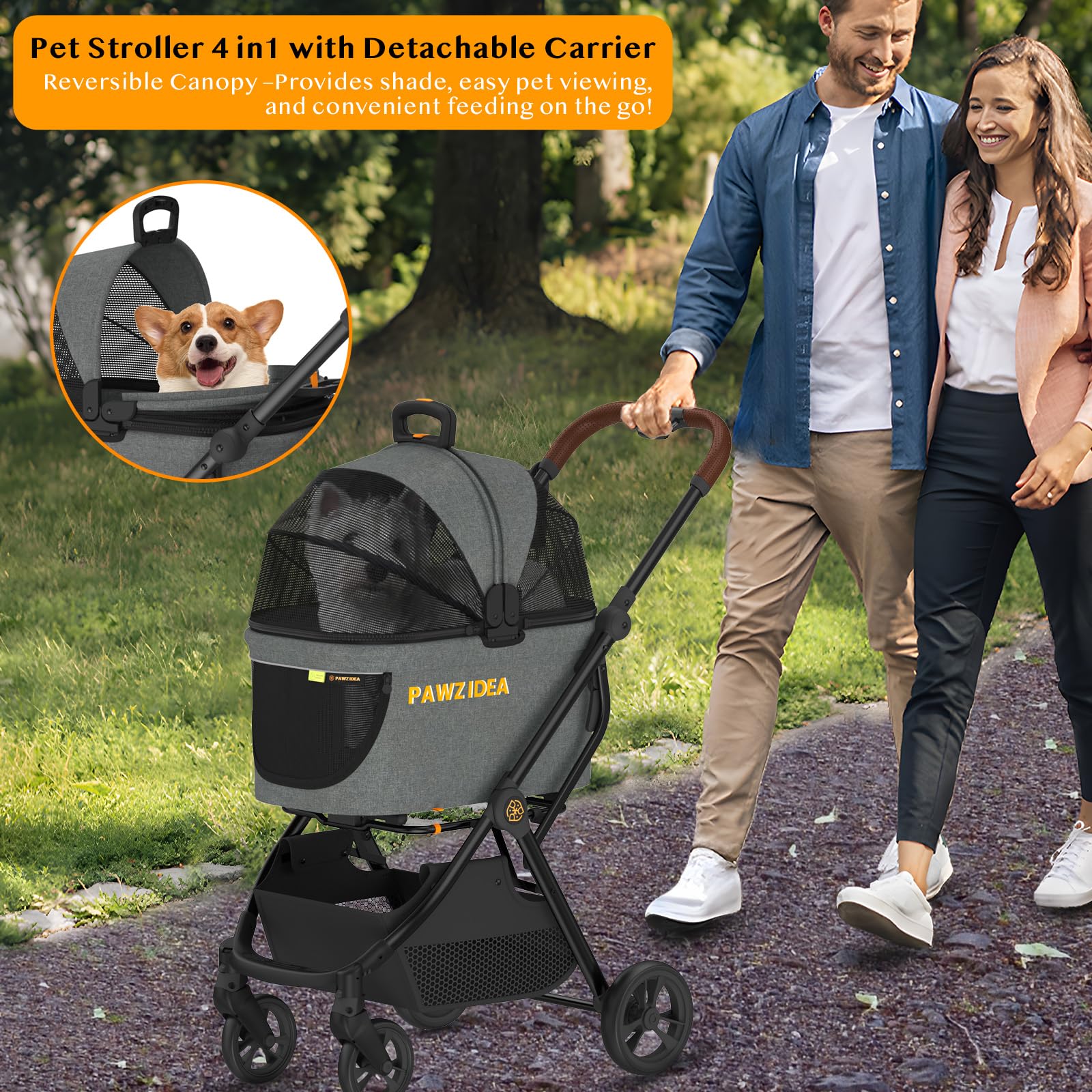 Pawzidea Pet Stroller 4 In 1, Dog Strollers For Small/Medium Dogs With Detachable Carrier Easy Lock Canopy, Seatbelt Puppy Car S