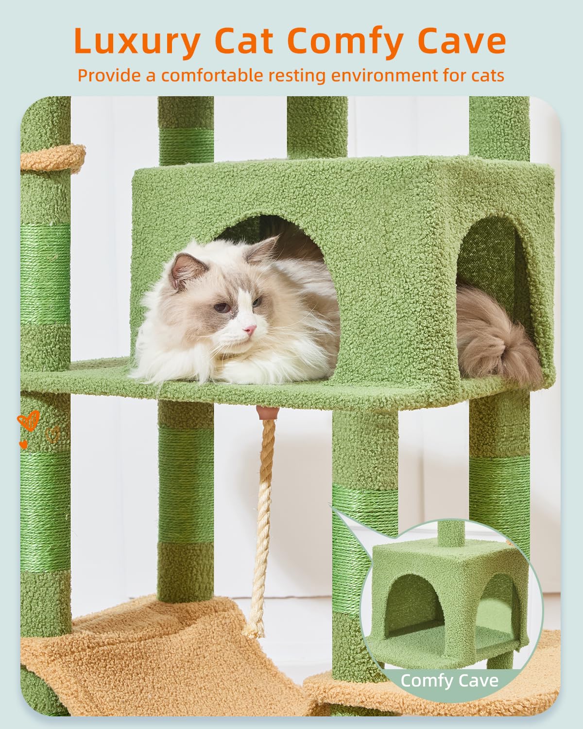 Taoqimiao Cat Tree, 66.2-Inch Cat Tower for Indoor Cats, Plush Multi-Level Cat Condo with 12 Scratching Posts, 2 Perches, 2 Cave