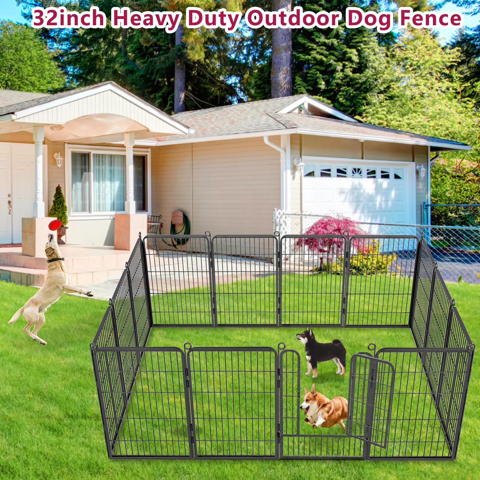 Jhsomdr Dog Playpen, 32" Metal, 10 Panels Anti-Rust Portable Fence for Medium Small Dogs, Black/Silver, Model 6580SJ-Z-10P
