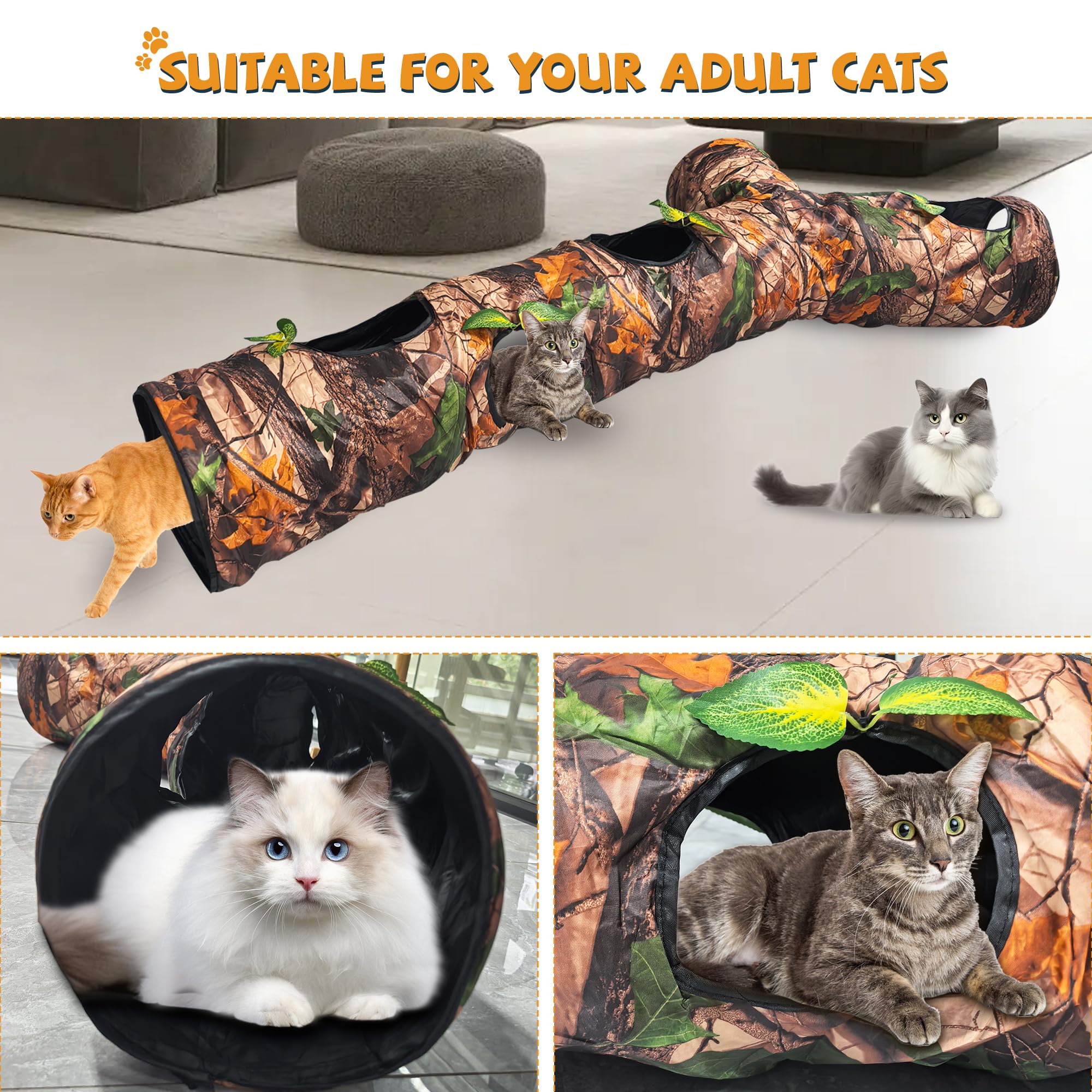 GRETMIX Cat Tunnels for Indoor Cats Large, 3 Way Cat Tunnel with 5 Holes and Leaves, Cat Tunnel Toy with Loud Paper - Pop Up Col