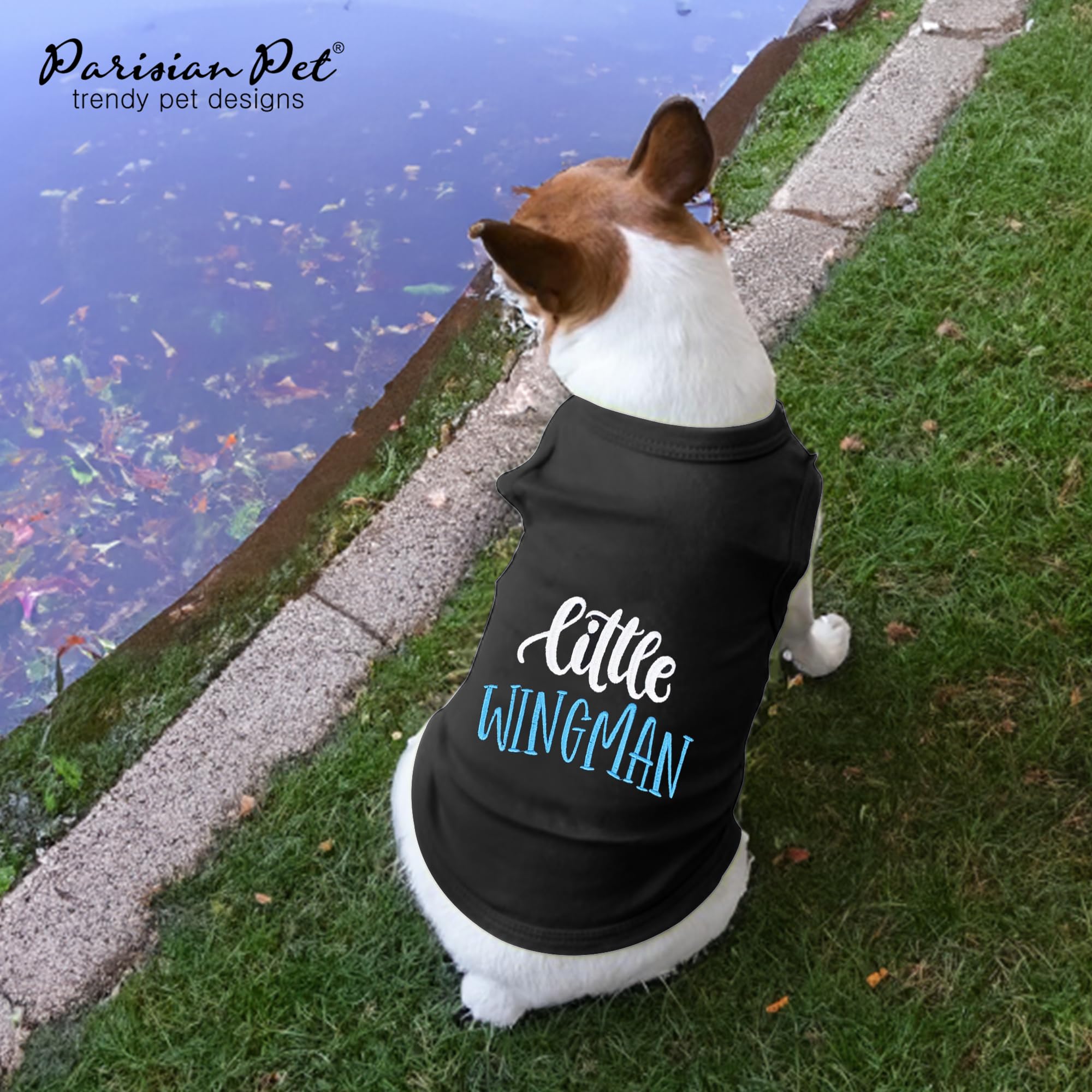 Parisian Pet Embroidered 'Little Wingman' Sleeveless Black Cotton Dog Tee - Machine Washable For Large Dogs