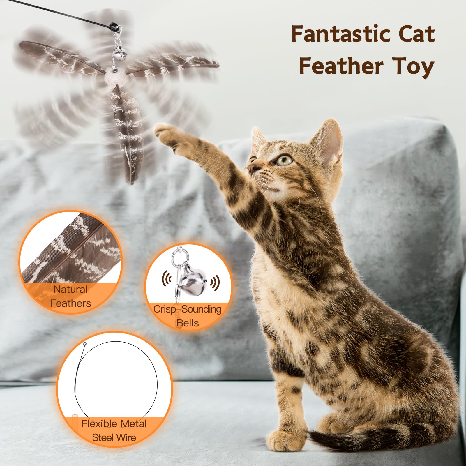 Hosfroll Cat Toys Interactive For Indoor Cats, Cat Wand Toys With 3 Feather Refills, Sturdy Wood Handle With Flexible Steel Wire