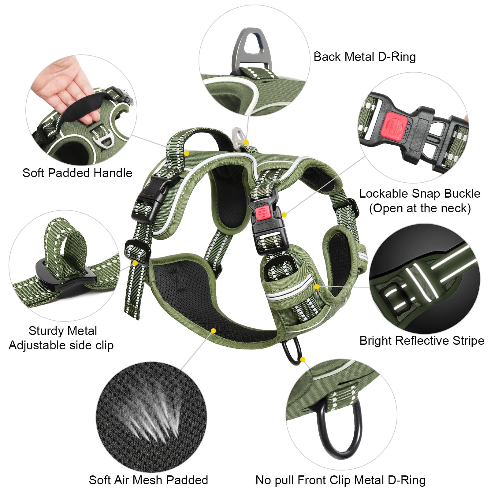 Timos No Pull Dog Harness, Medium, Lock Green, 1680D Oxford, Adjustable, Reflective Vest with Front Clip and Control Handle