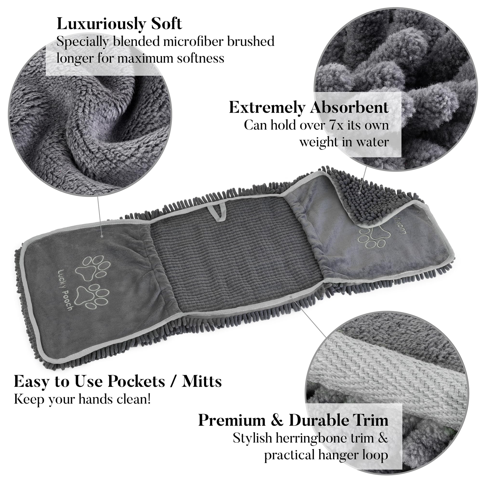 Lucky Pooch Super Absorbent Shammy Dog Towel - Luxuriously Soft Hand Pockets - 34.5x12.5in - Quick Drying Microfiber Dog Bath To