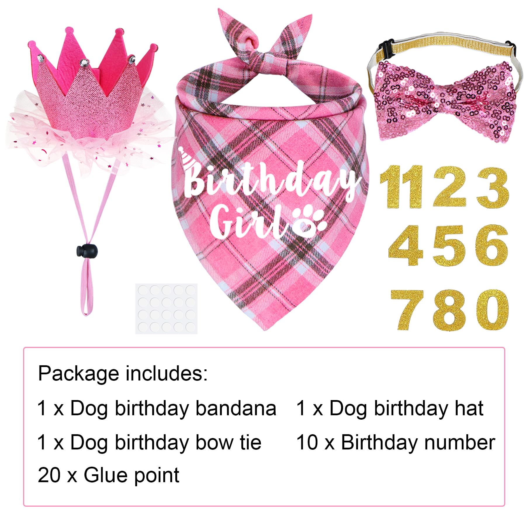 JOTFA Dog Birthday Party Supplies, Multi Sizes Dog Birthday Bandana Girl Dog Birthday Hat Crown with Birthday Numbers Bow Tie fo