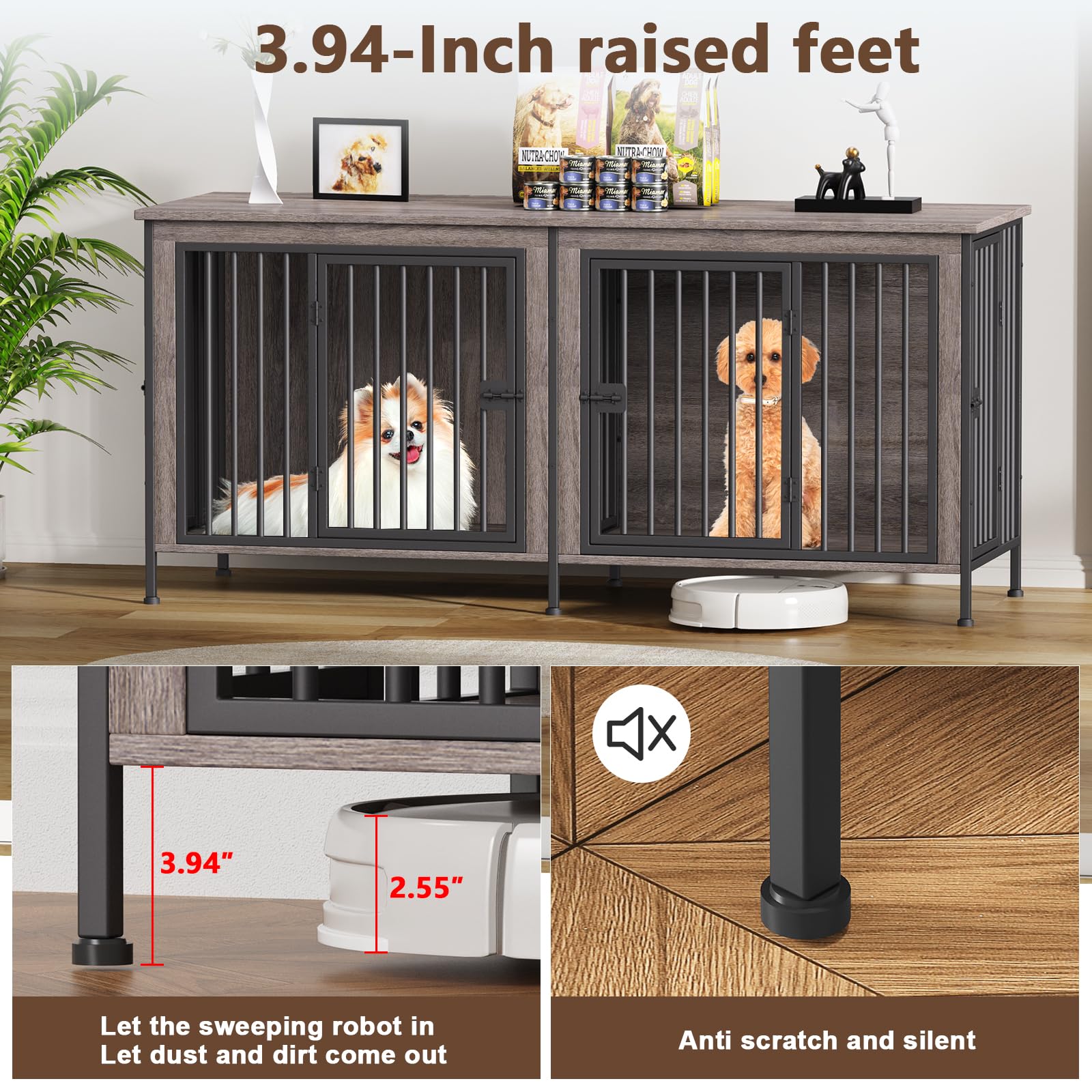 EasyCom 63 Dog Cage Furniture for 2 Pets with Divider, XL Wooden Double Dog Crate Furniture TV Stand for Mideum Breed, Durable a
