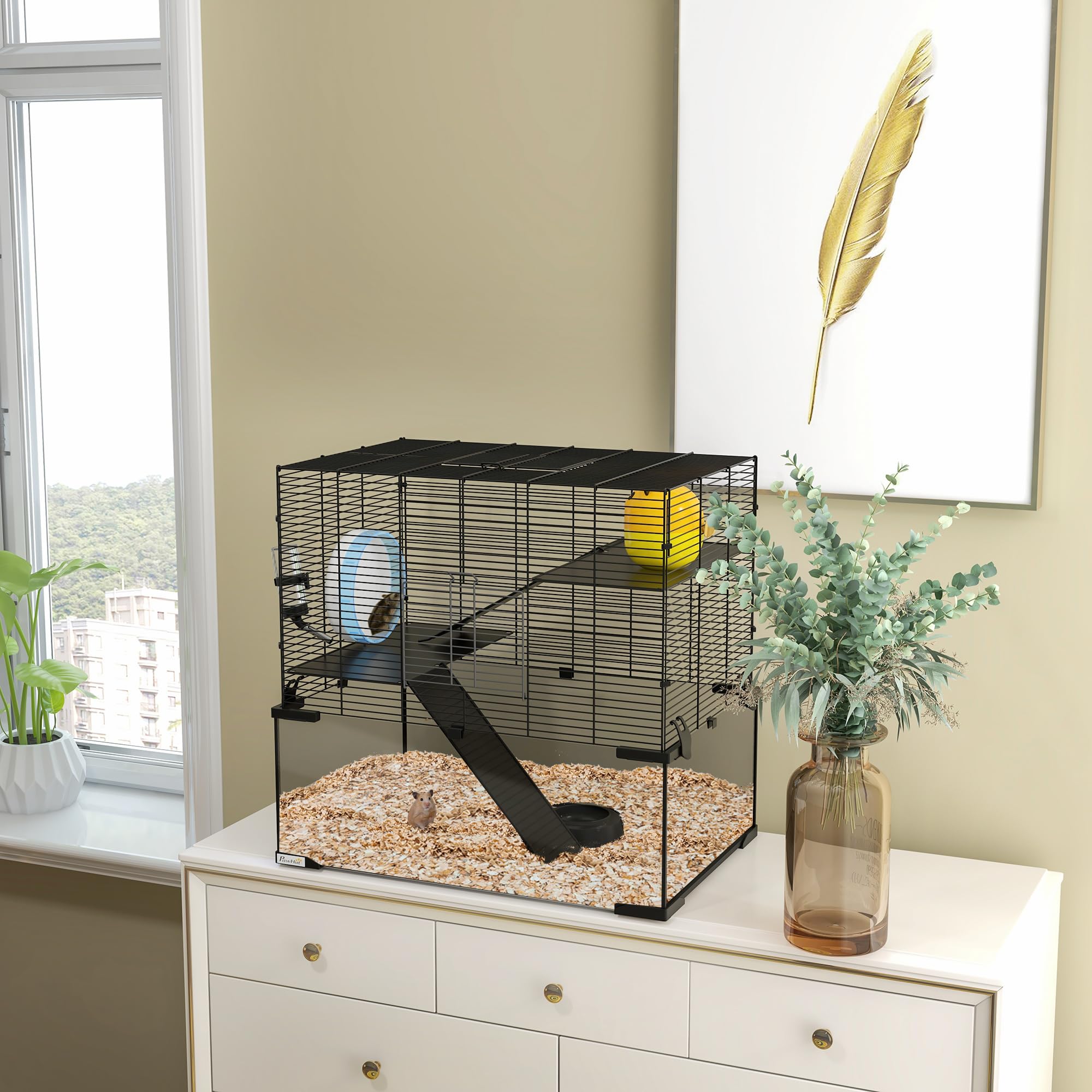 Pawhut Large Hamster Cage With Deep Tempered Glass Bottom, 3 Tiers Hamster Tank With Running Wheel, Hut, Water Bottle, Dish, Rat